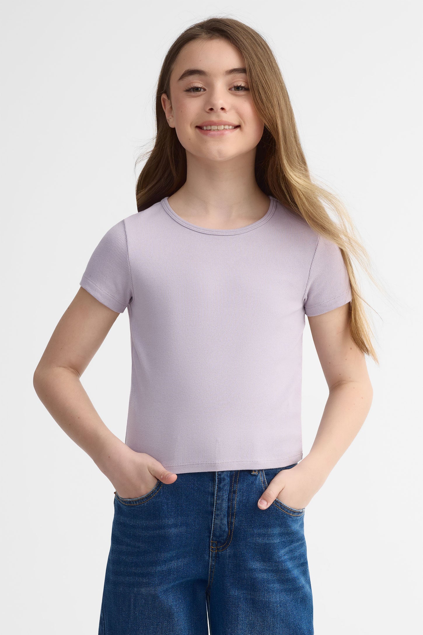 T-shirt col rond côtelé - Ado fille && LILAS