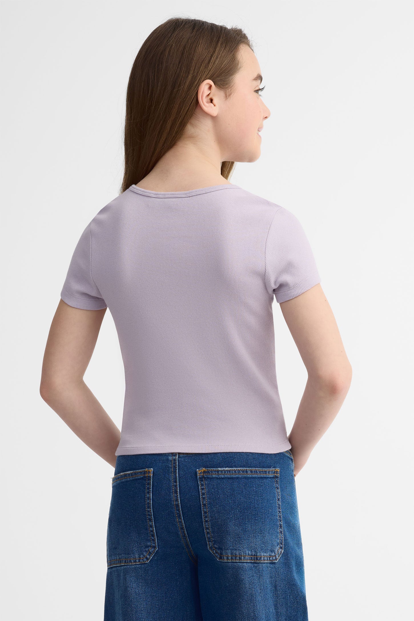 T-shirt col rond côtelé - Ado fille && LILAS