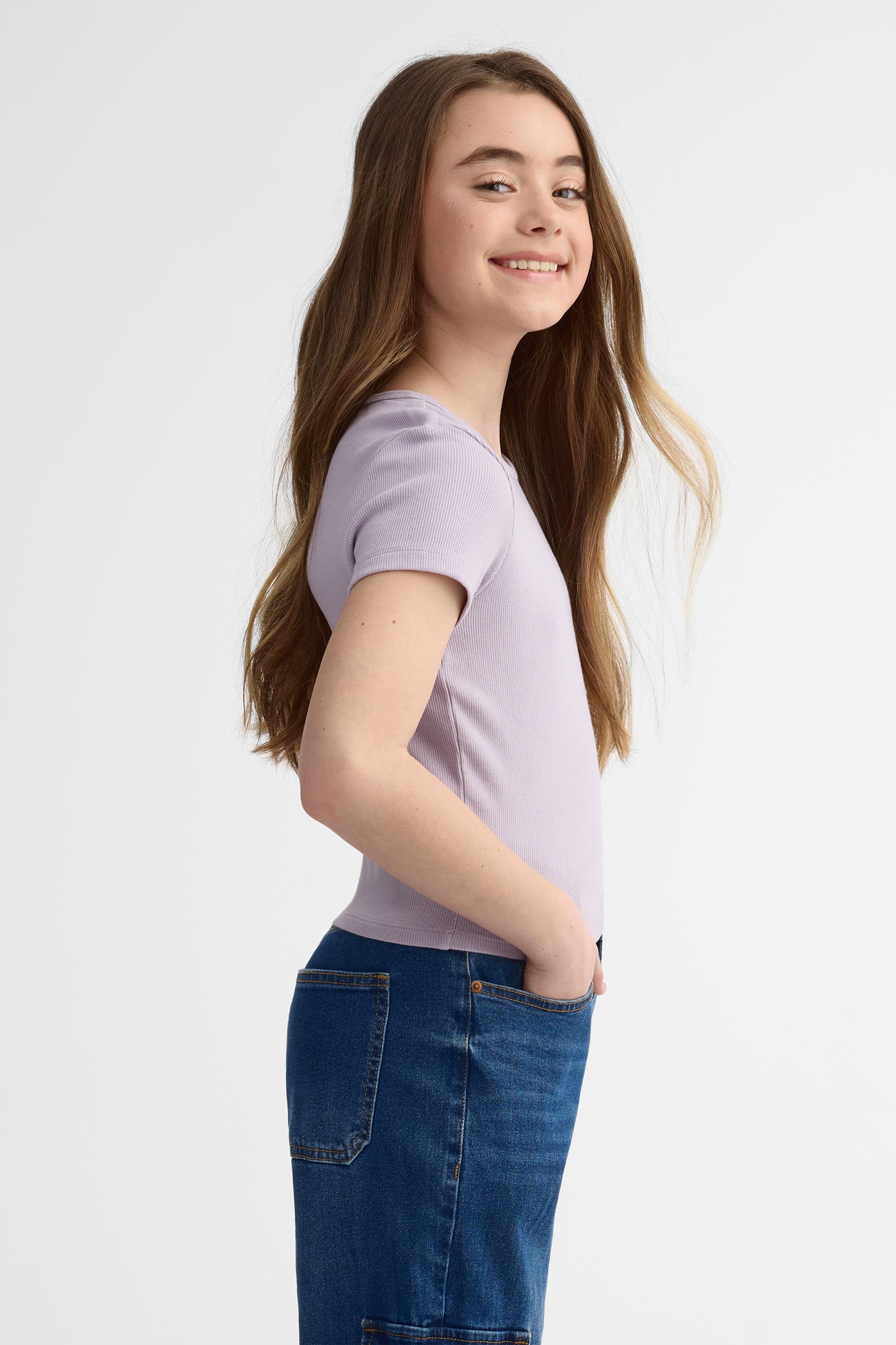 T-shirt col rond côtelé - Ado fille && LILAS