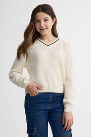 Chandail col en V tricot - Ado fille && BLANC CASSÉ