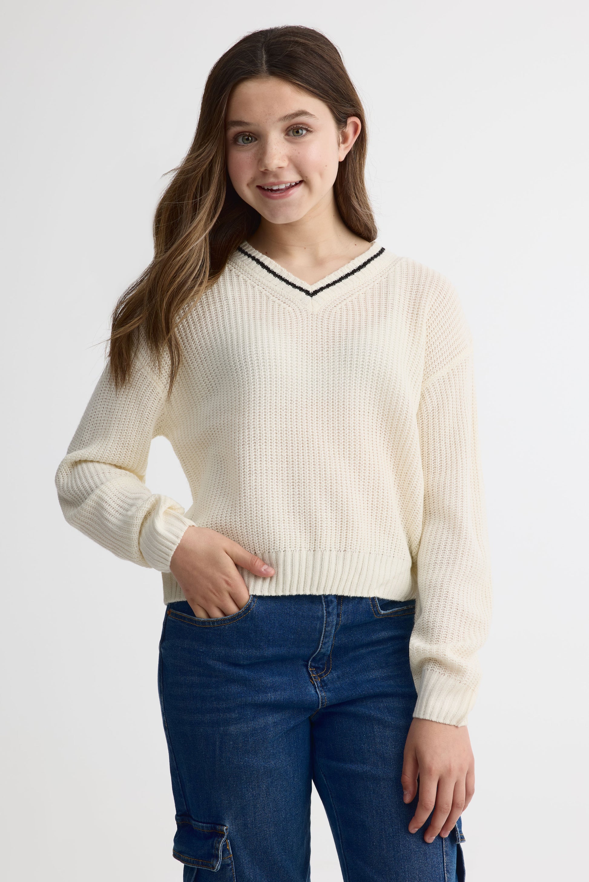 Chandail col en V tricot - Ado fille && BLANC CASSÉ