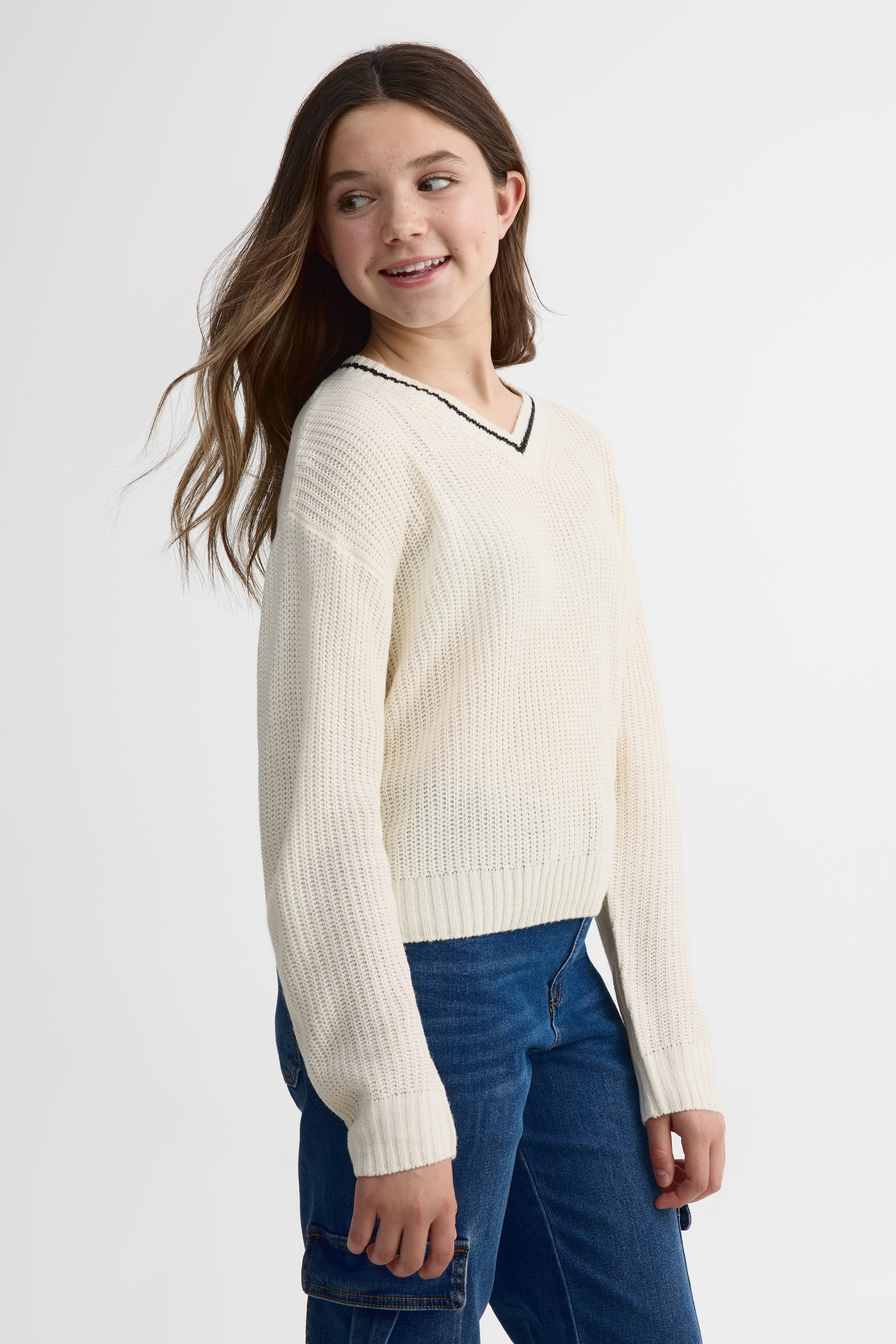 Chandail col en V tricot - Ado fille && BLANC CASSÉ