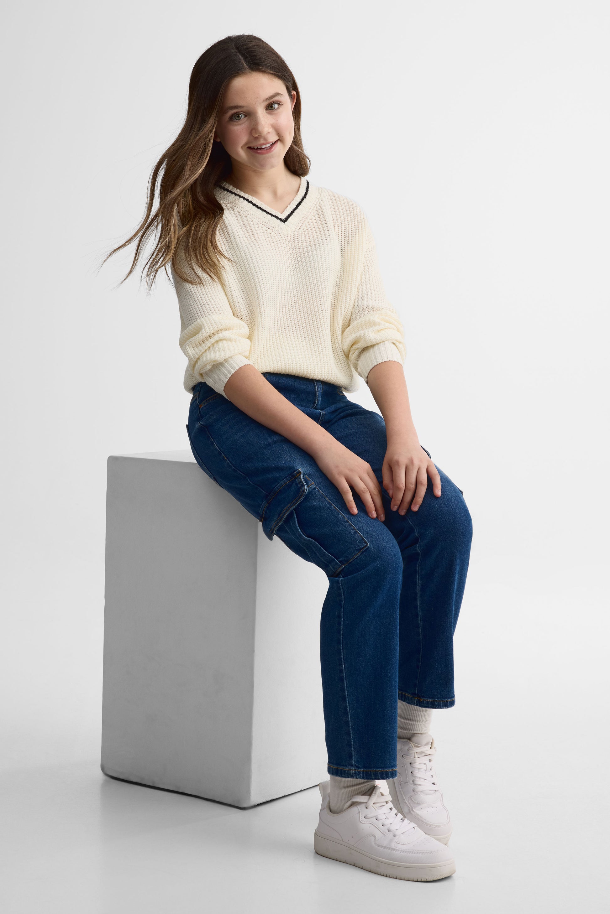 Chandail col en V tricot - Ado fille && BLANC CASSÉ