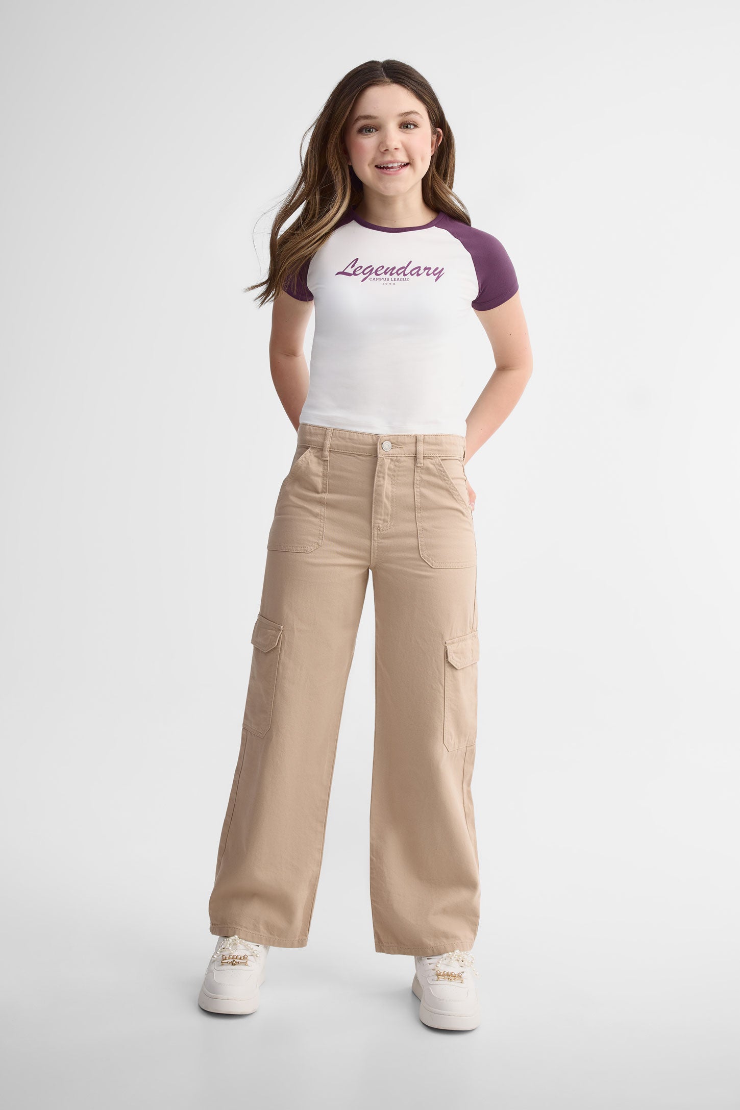 Jeans cargo coupe droite - Ado fille && BEIGE PALE