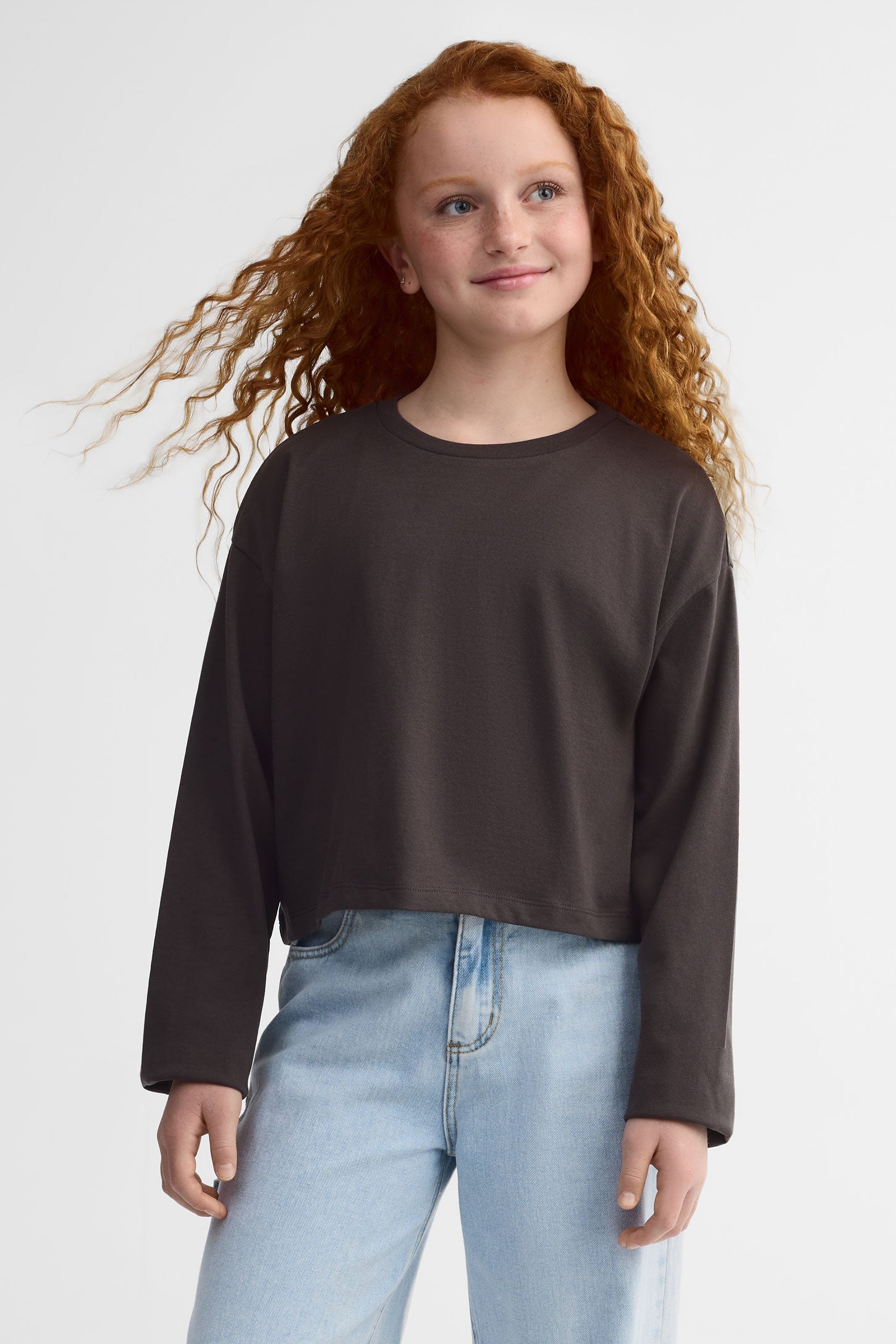 Chandail léger manches longues col rond - Ado fille && CHARBON