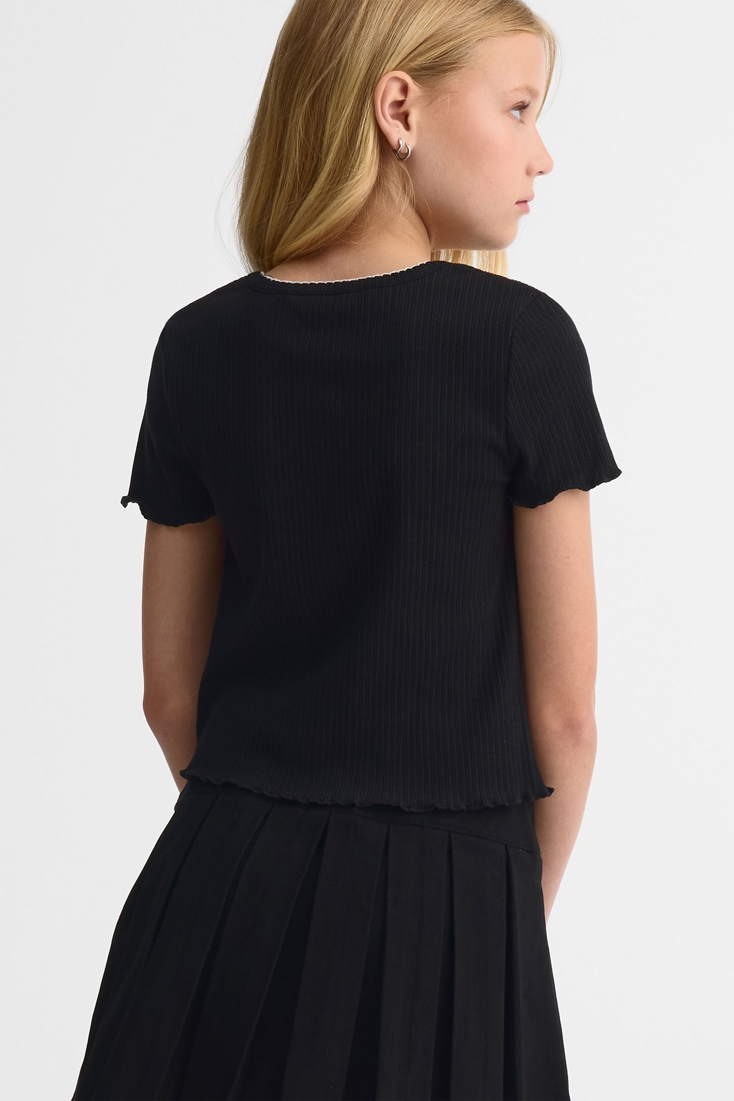 T-shirt col rond côtelé - Ado fille && NOIR