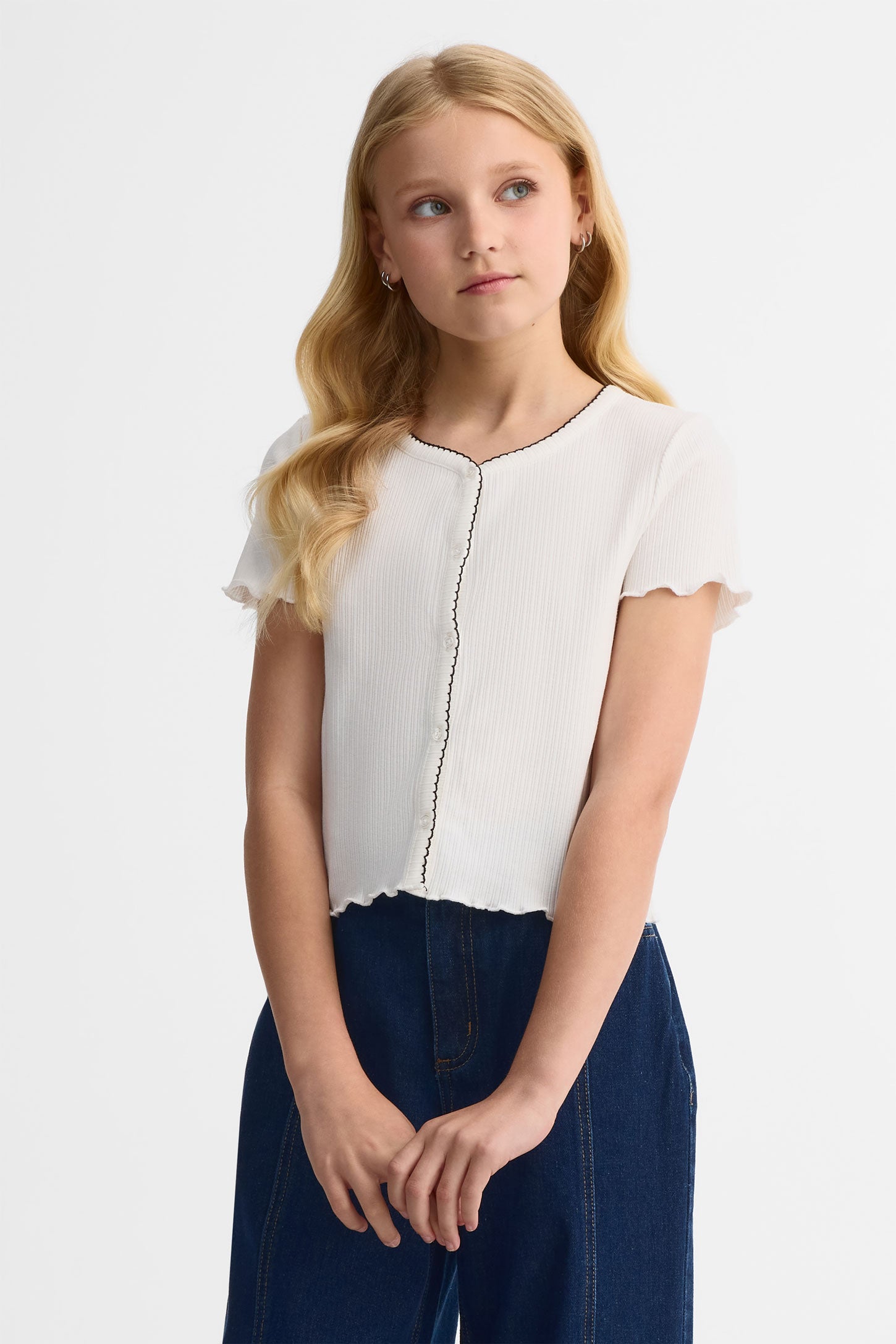 T-shirt col rond côtelé - Ado fille && BLANC CASSÉ