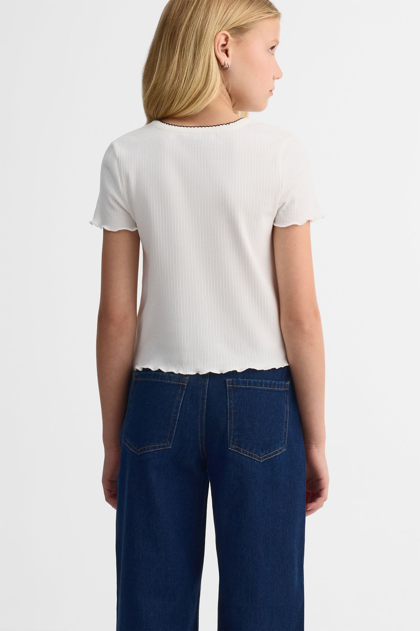 T-shirt col rond côtelé - Ado fille && BLANC CASSÉ