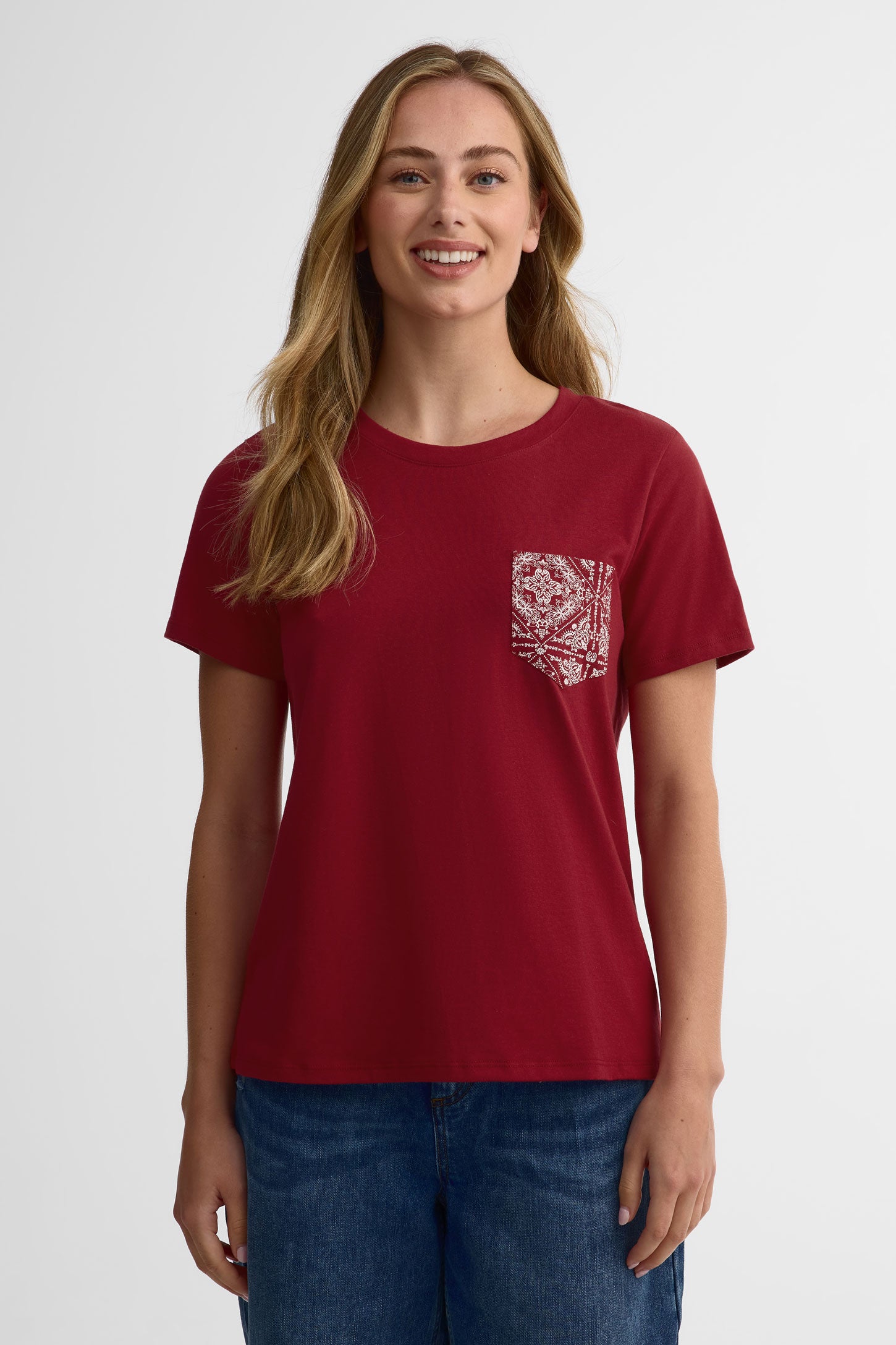 T-shirt col rond coton, 2/30$ - Femme && ROUGE