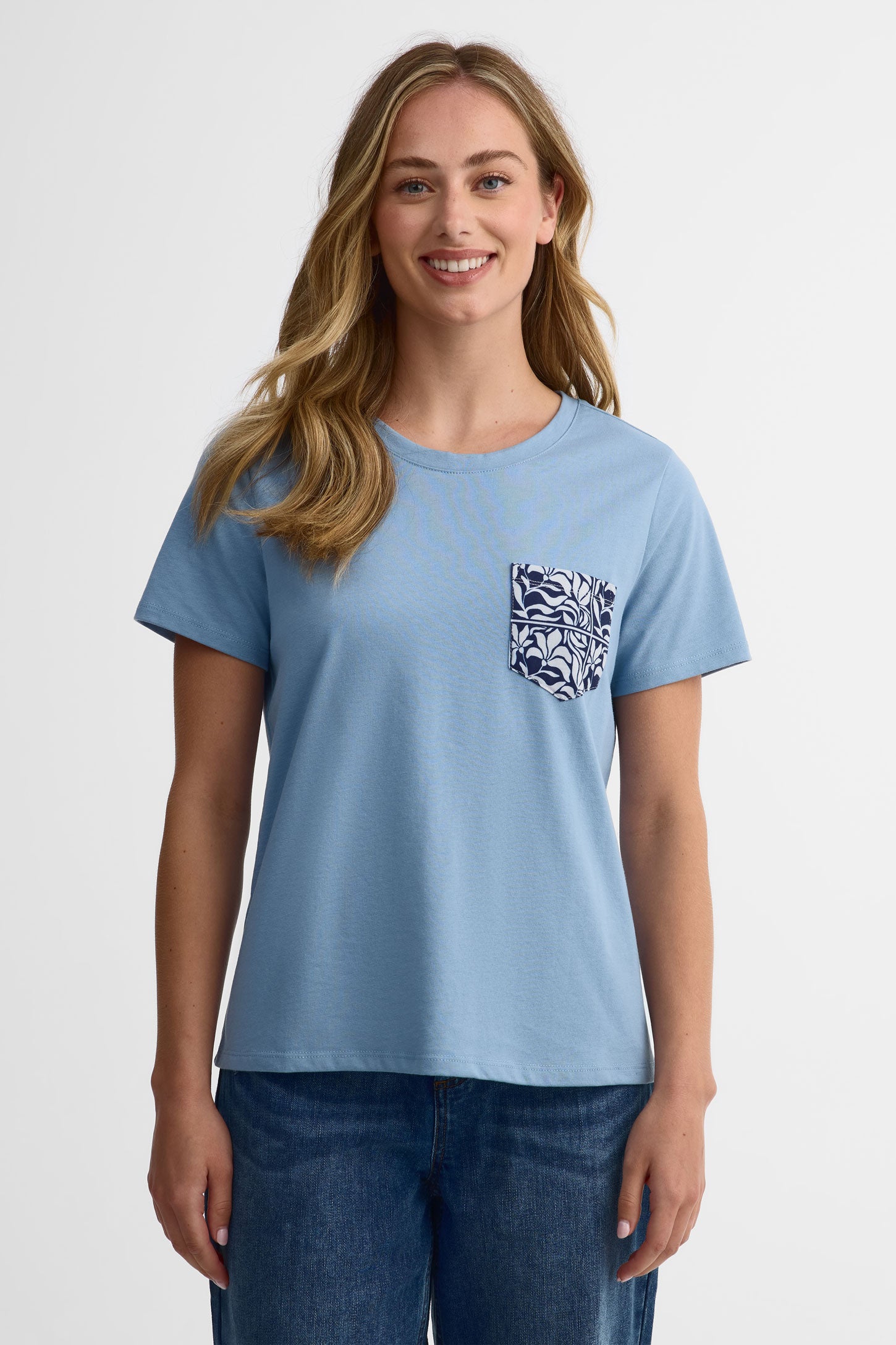 T-shirt col rond coton, 2/30$ - Femme && BLEU