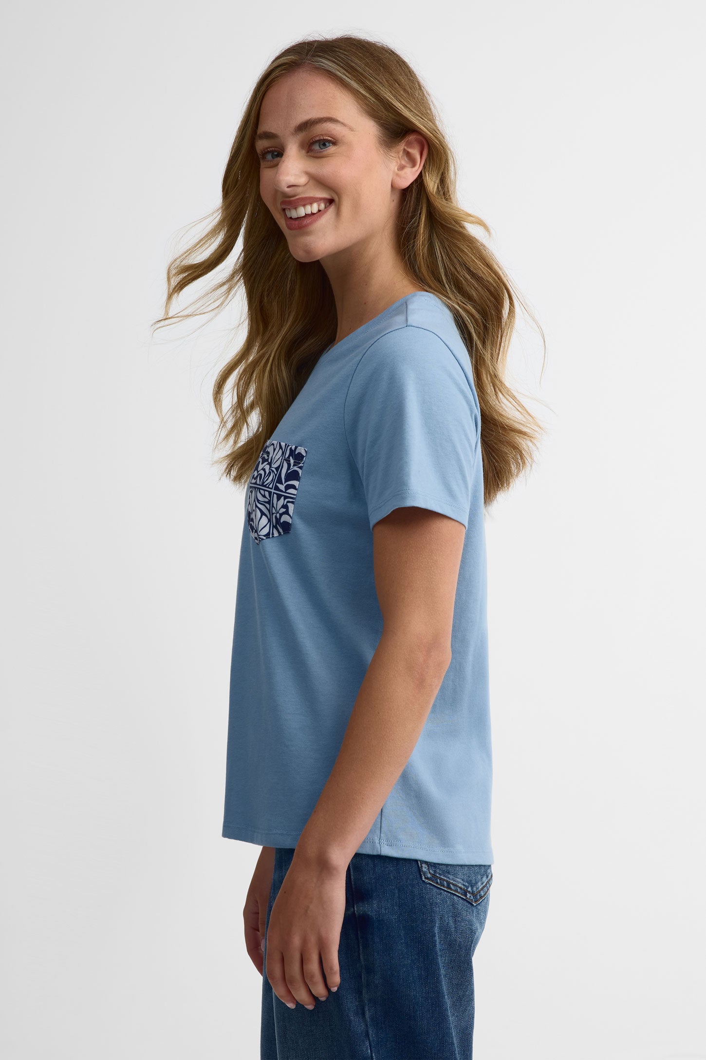 T-shirt col rond coton, 2/30$ - Femme && BLEU