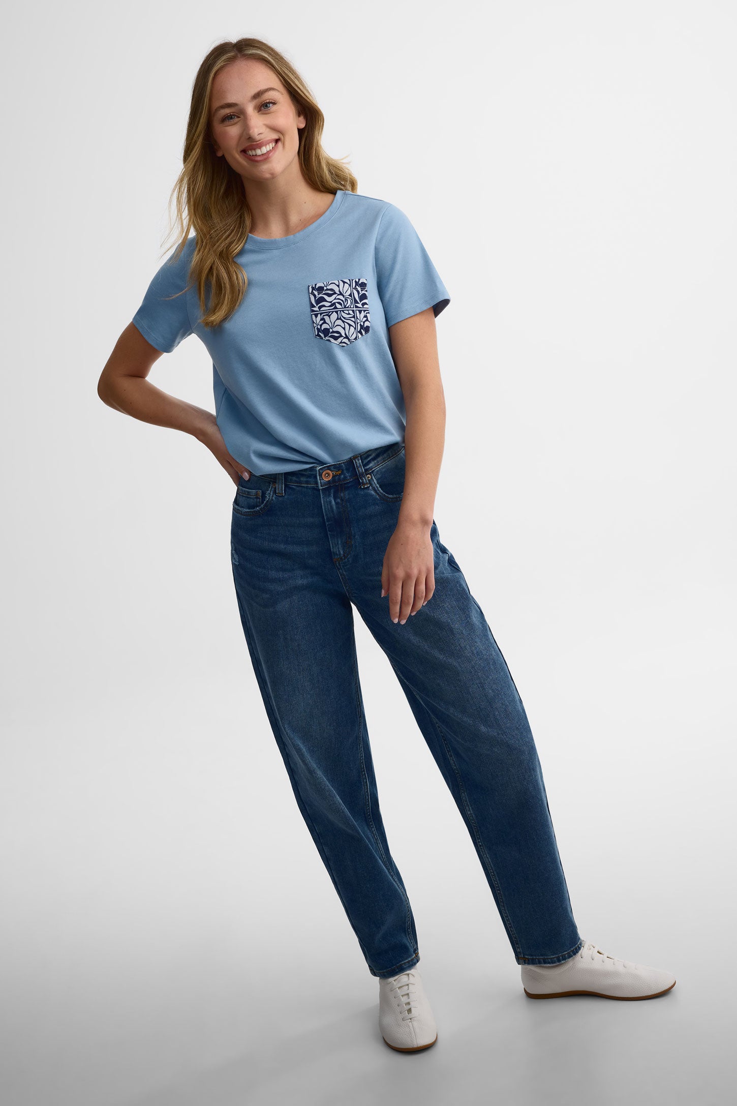 T-shirt col rond coton, 2/30$ - Femme && BLEU