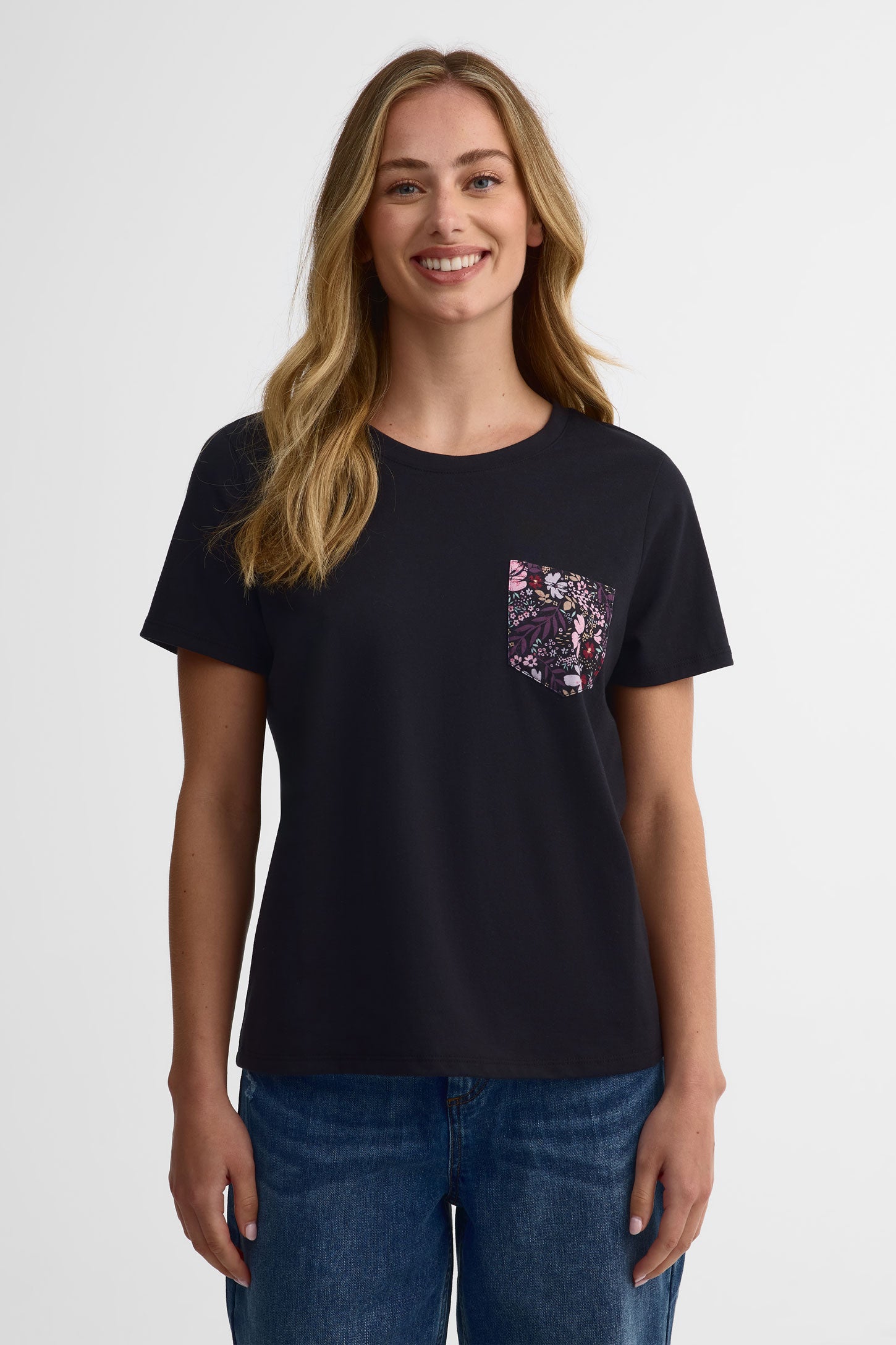 T-shirt col rond coton, 2/30$ - Femme && NOIR