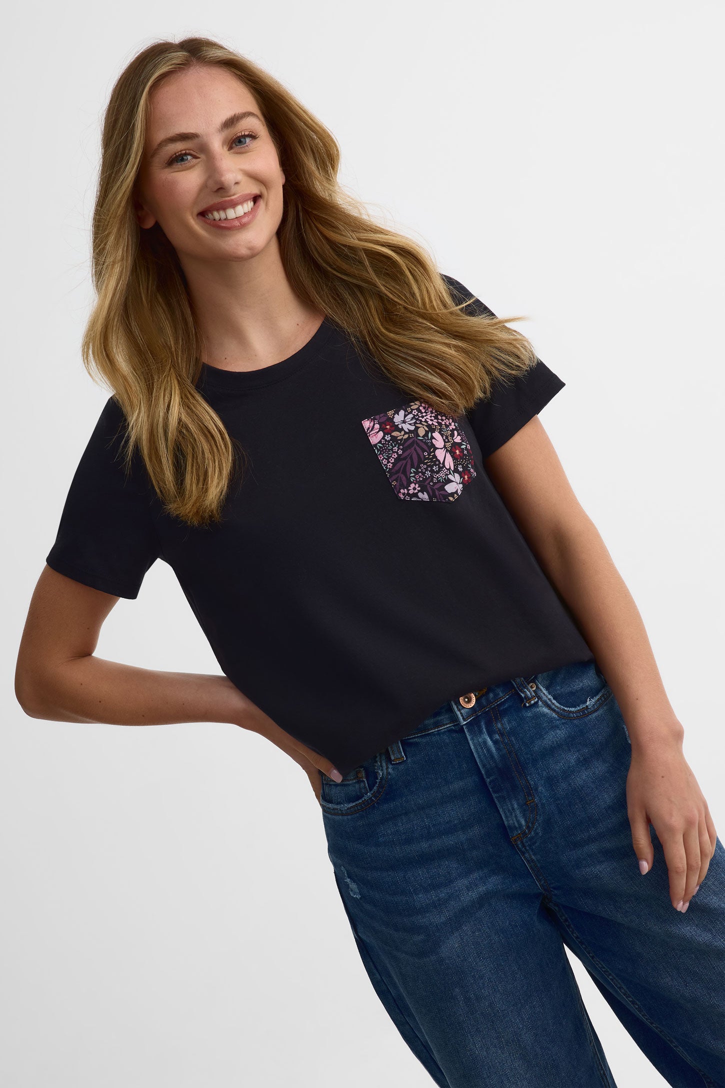 T-shirt col rond coton, 2/30$ - Femme && NOIR