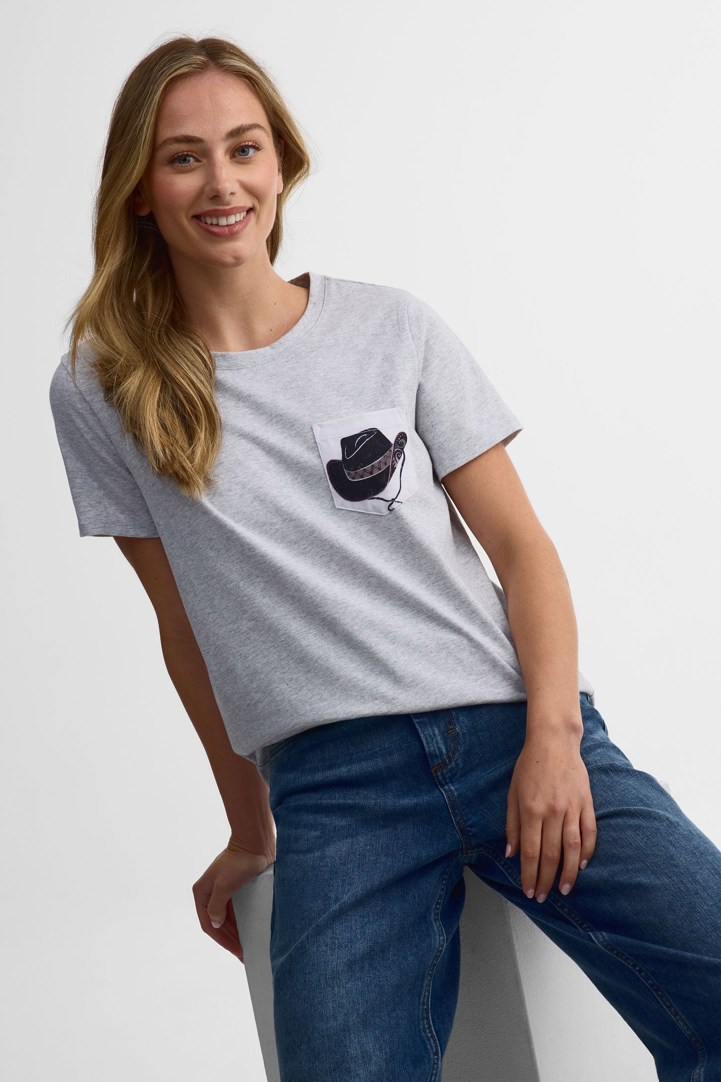 T-shirt col rond coton, 2/30$ - Femme && GRIS MIXTE