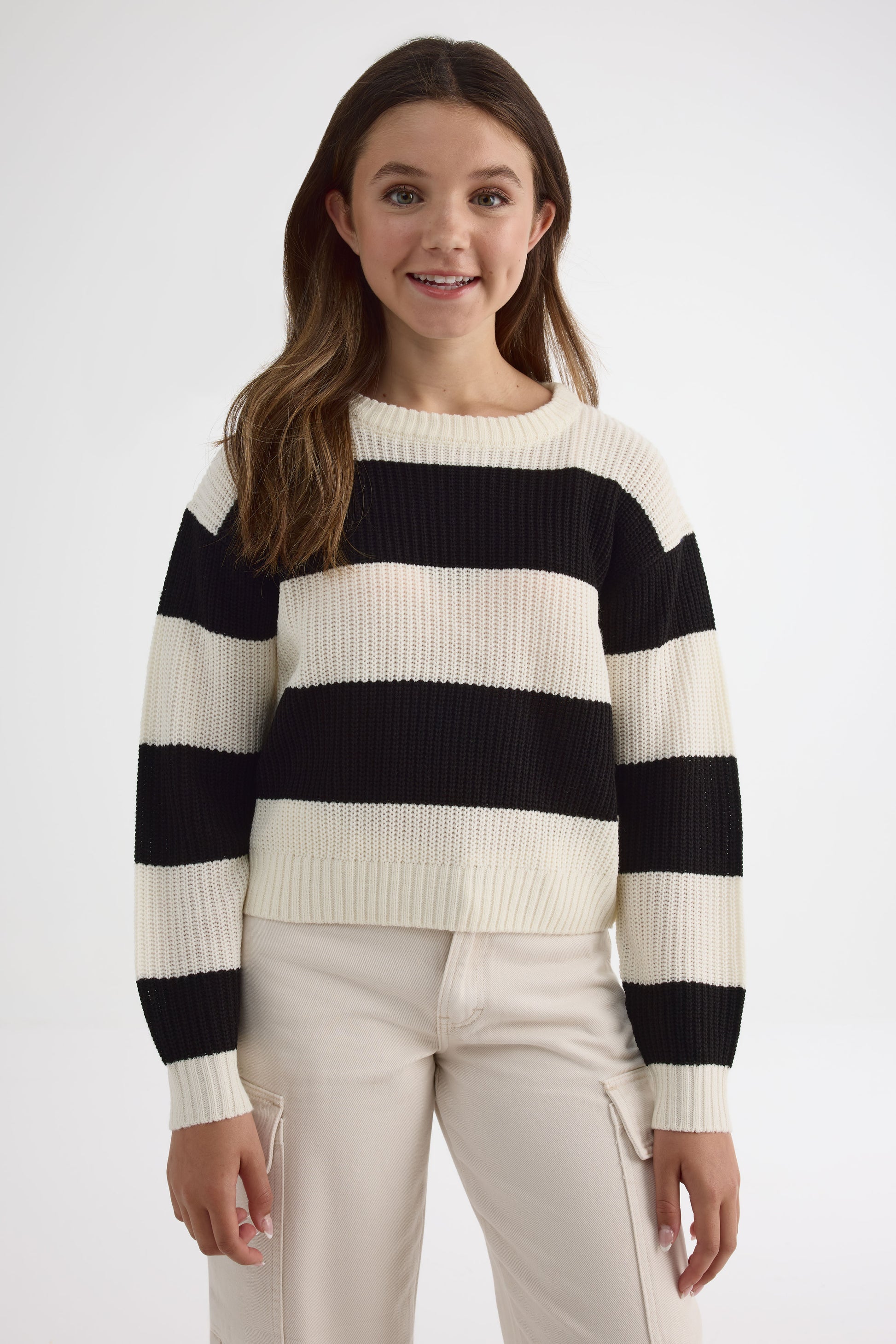 Chandail rayé semi-court - Ado fille && NOIR/MULTI