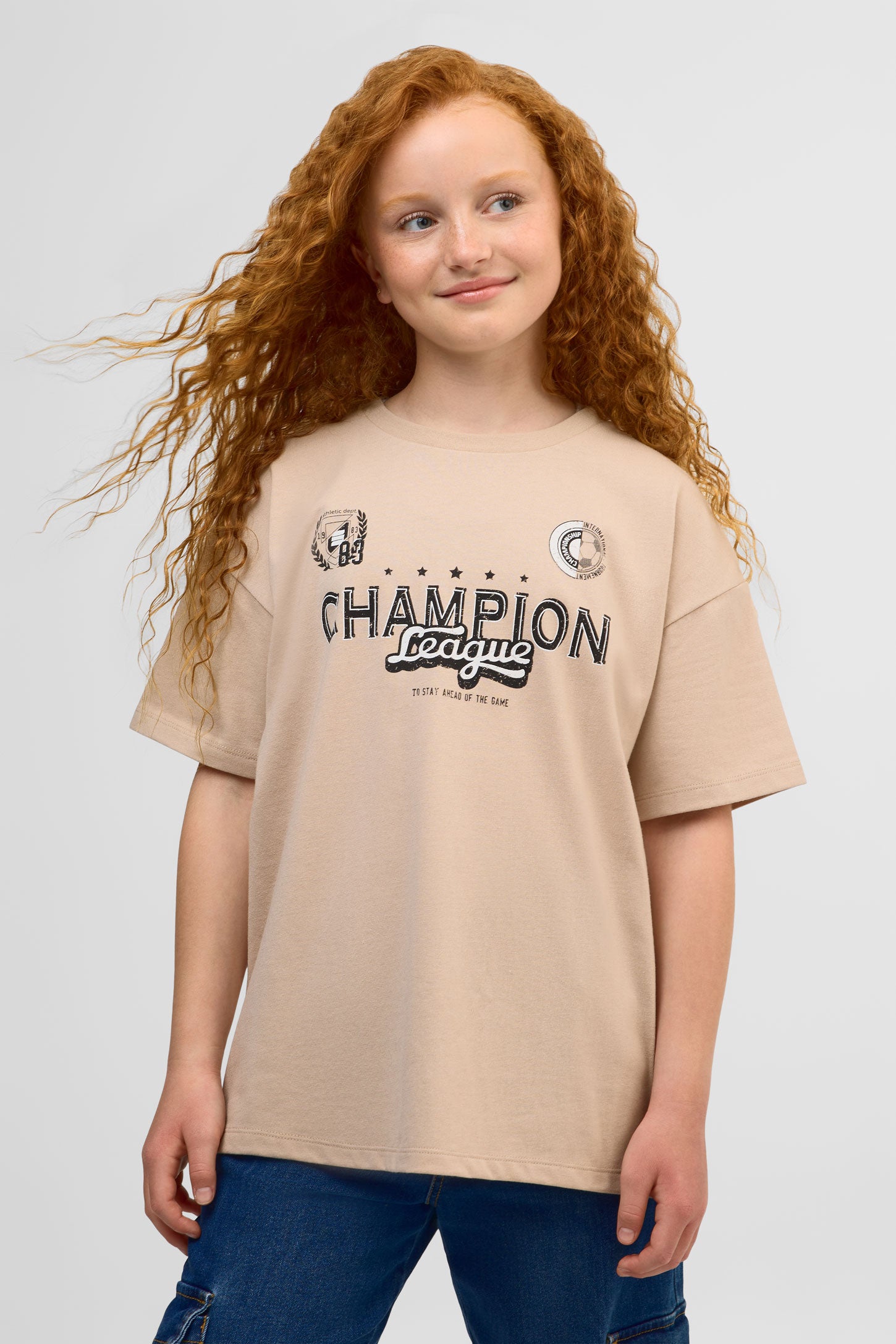 T-shirt graphique uni manches courtes, 2/25$ - Ado fille && BEIGE