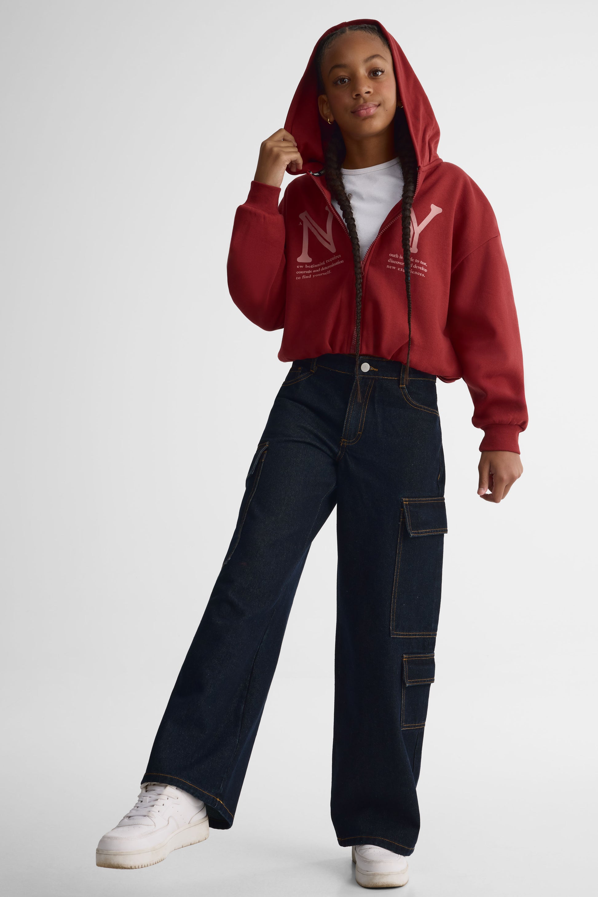 Veste ouatée courte avec capuchon – Ado fille && ROUGE
