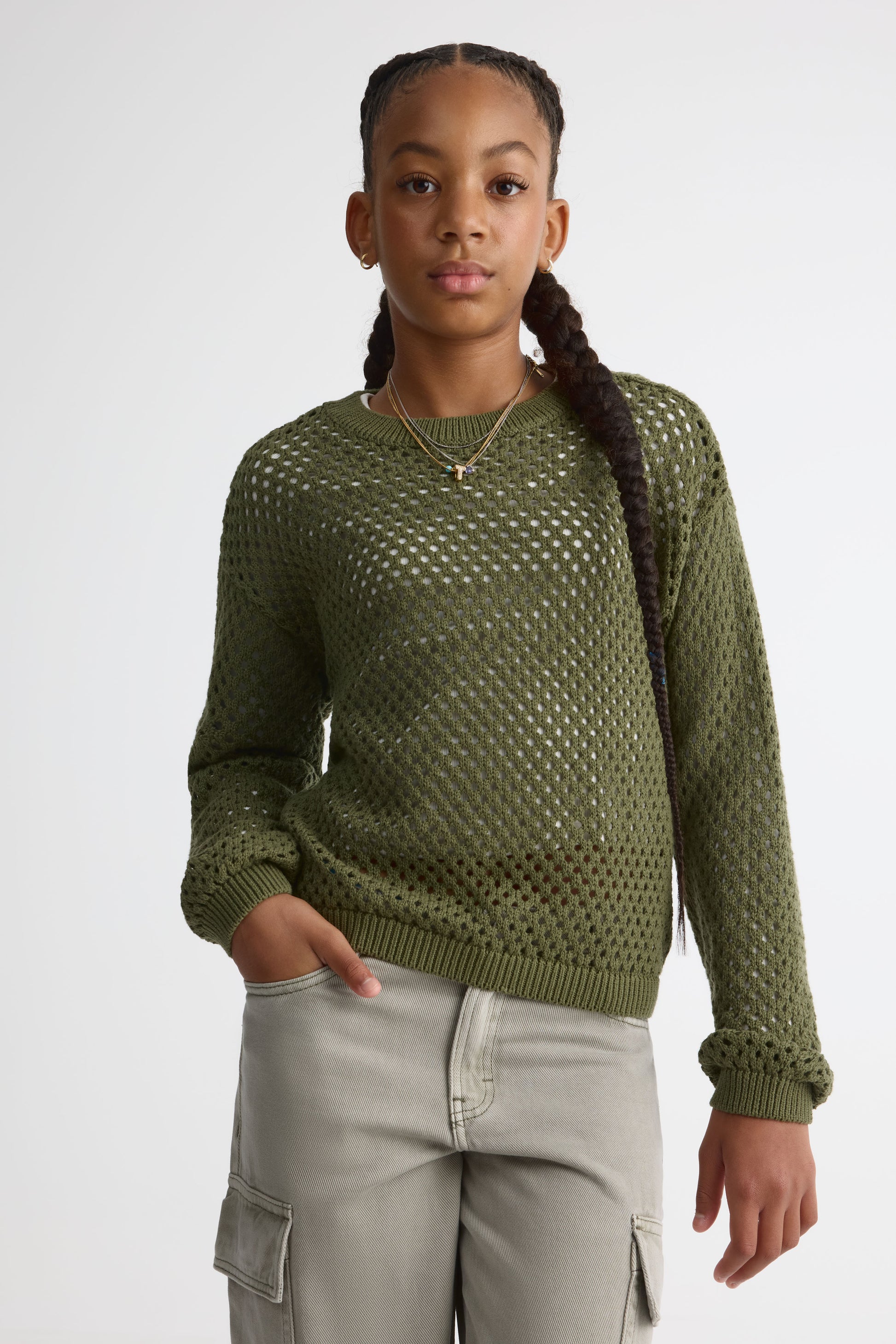 Chandail tricot col rond - Ado fille && KAKI