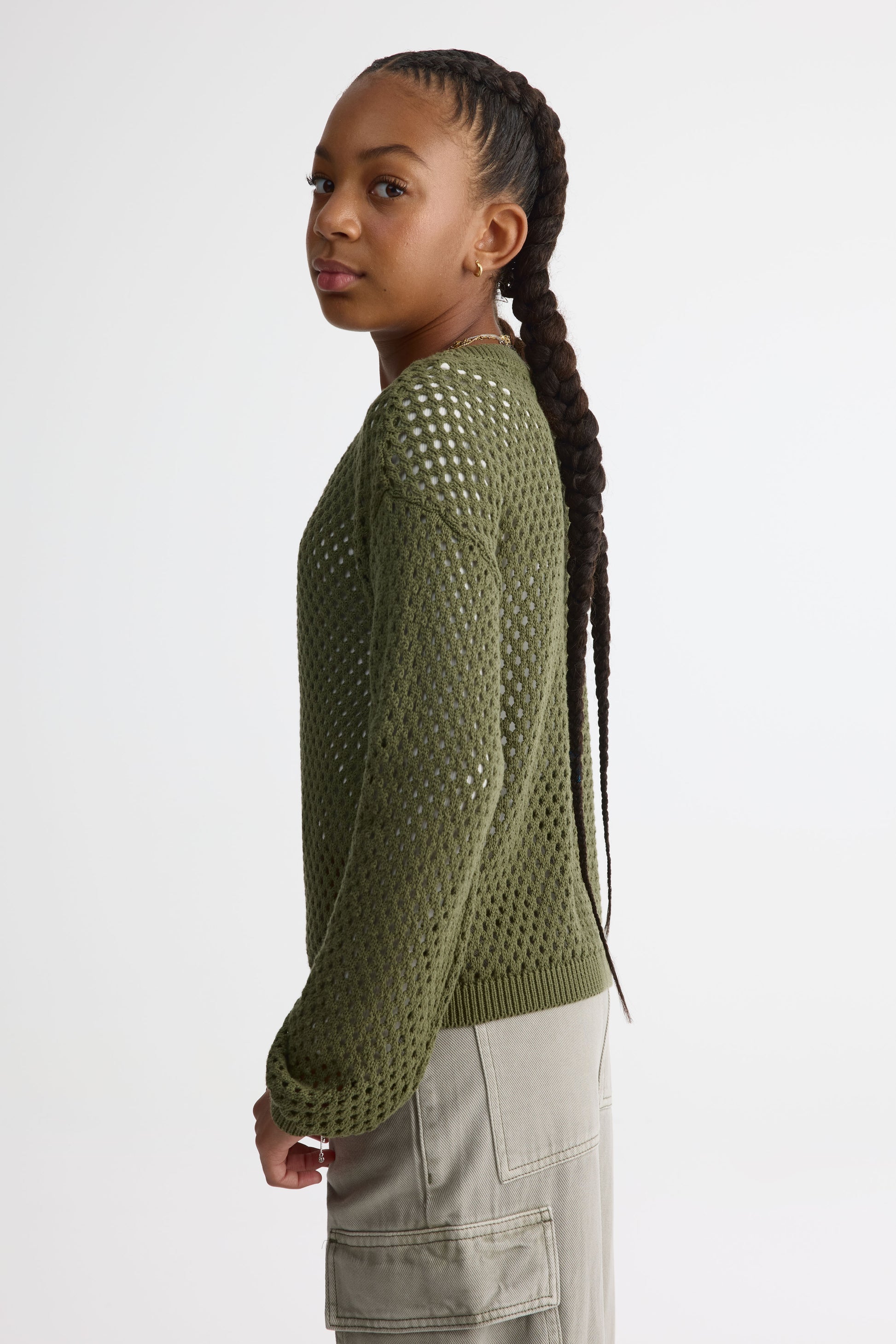 Chandail tricot col rond - Ado fille && KAKI