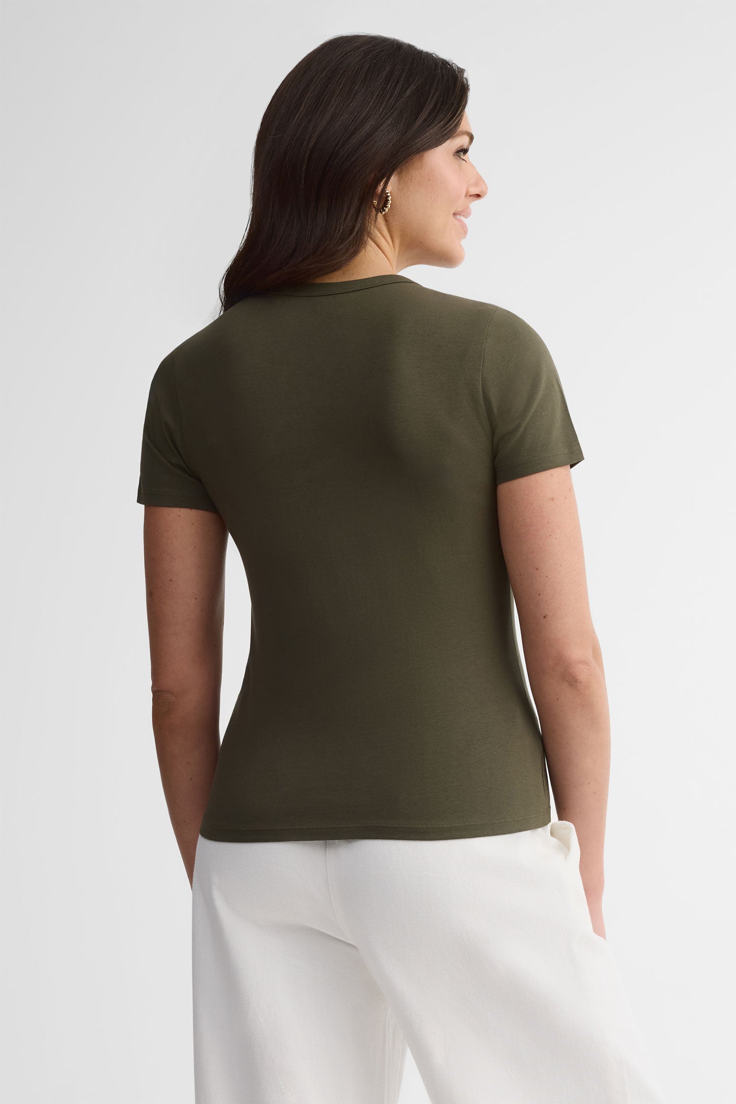 T-shirt col rond coupe semi-ajustée coton - Femme && KAKI