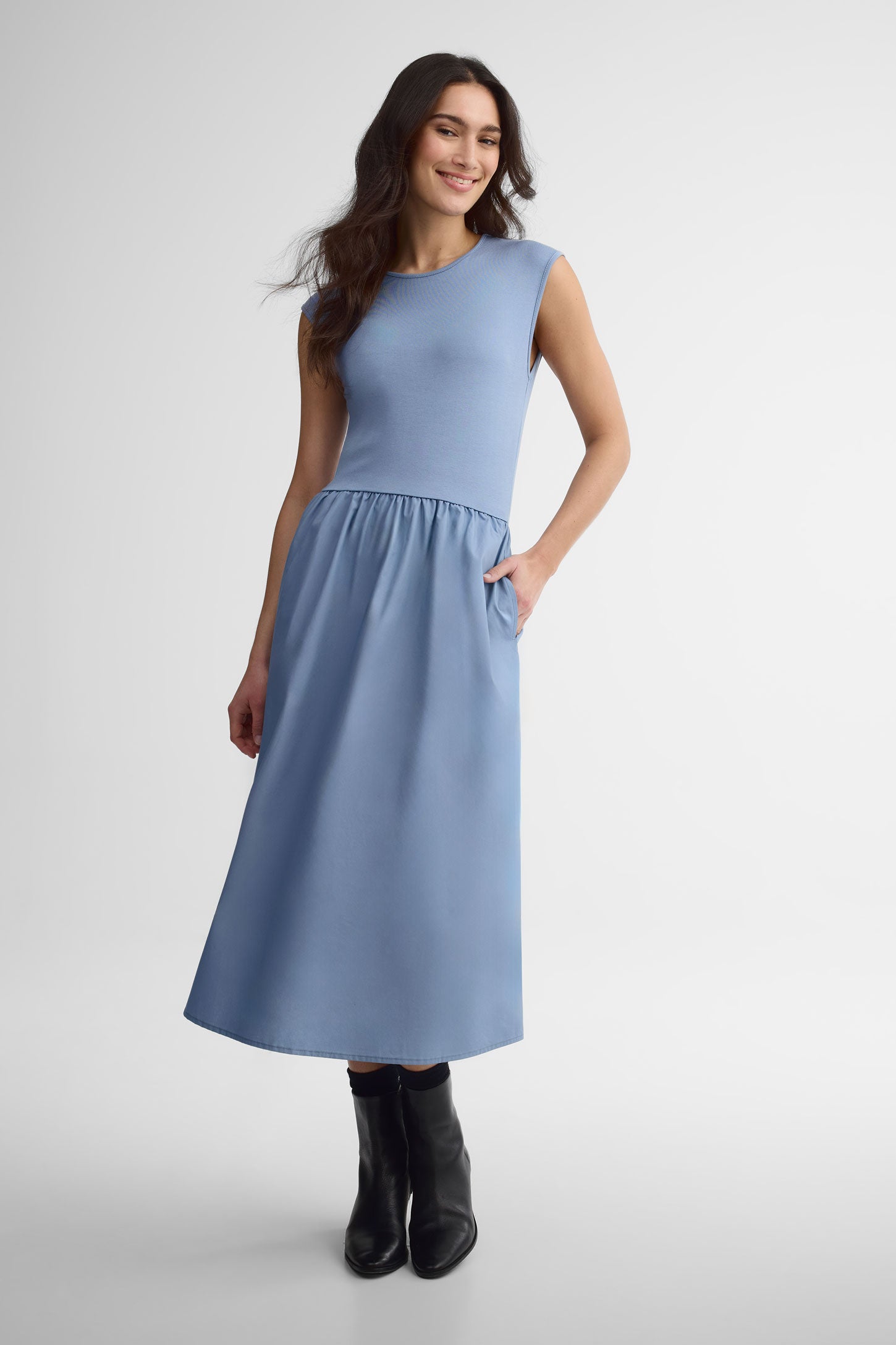 Robe midi cintrée à la taille - Femme && BLEU