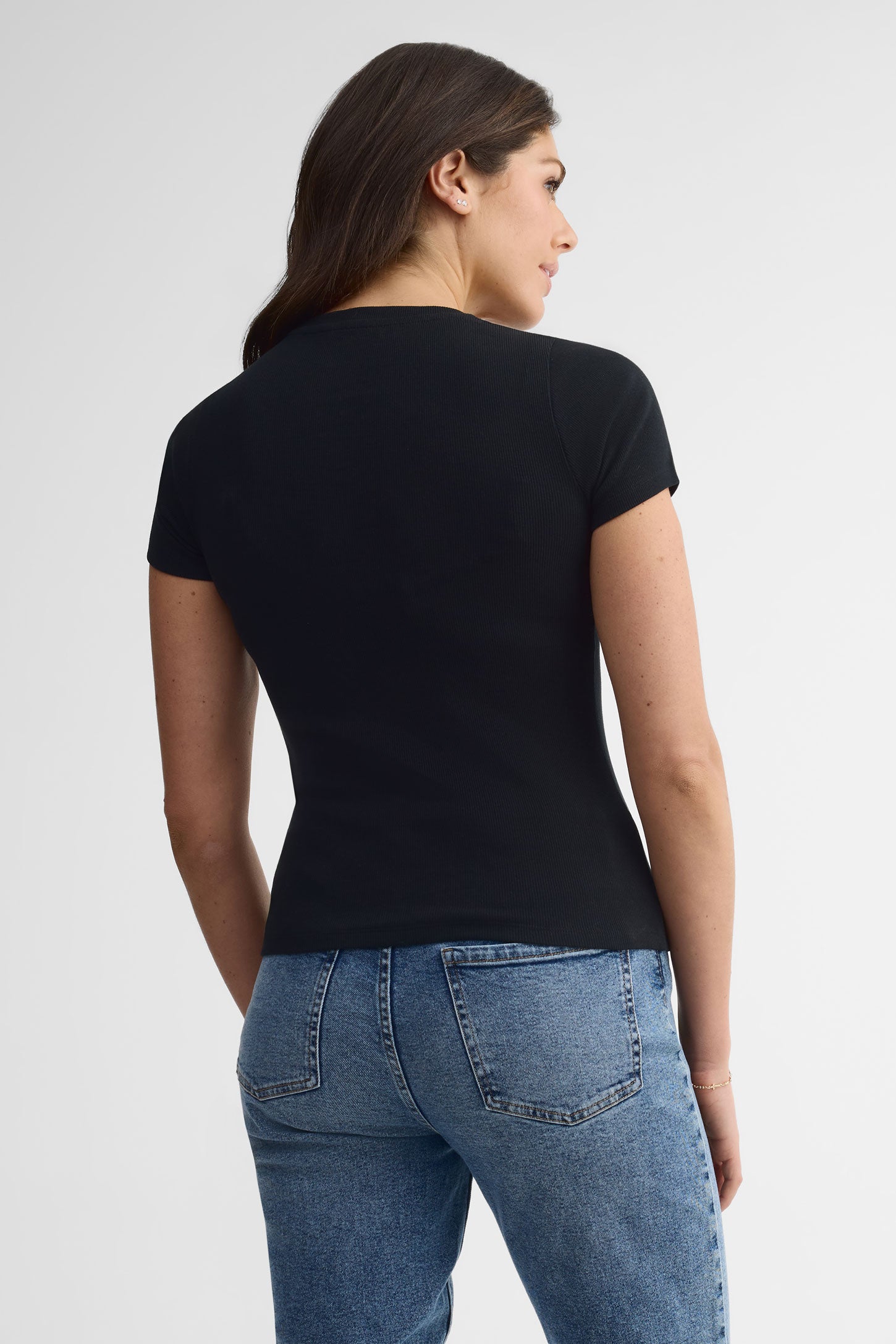 T-shirt col rond côtelé - Femme && NOIR