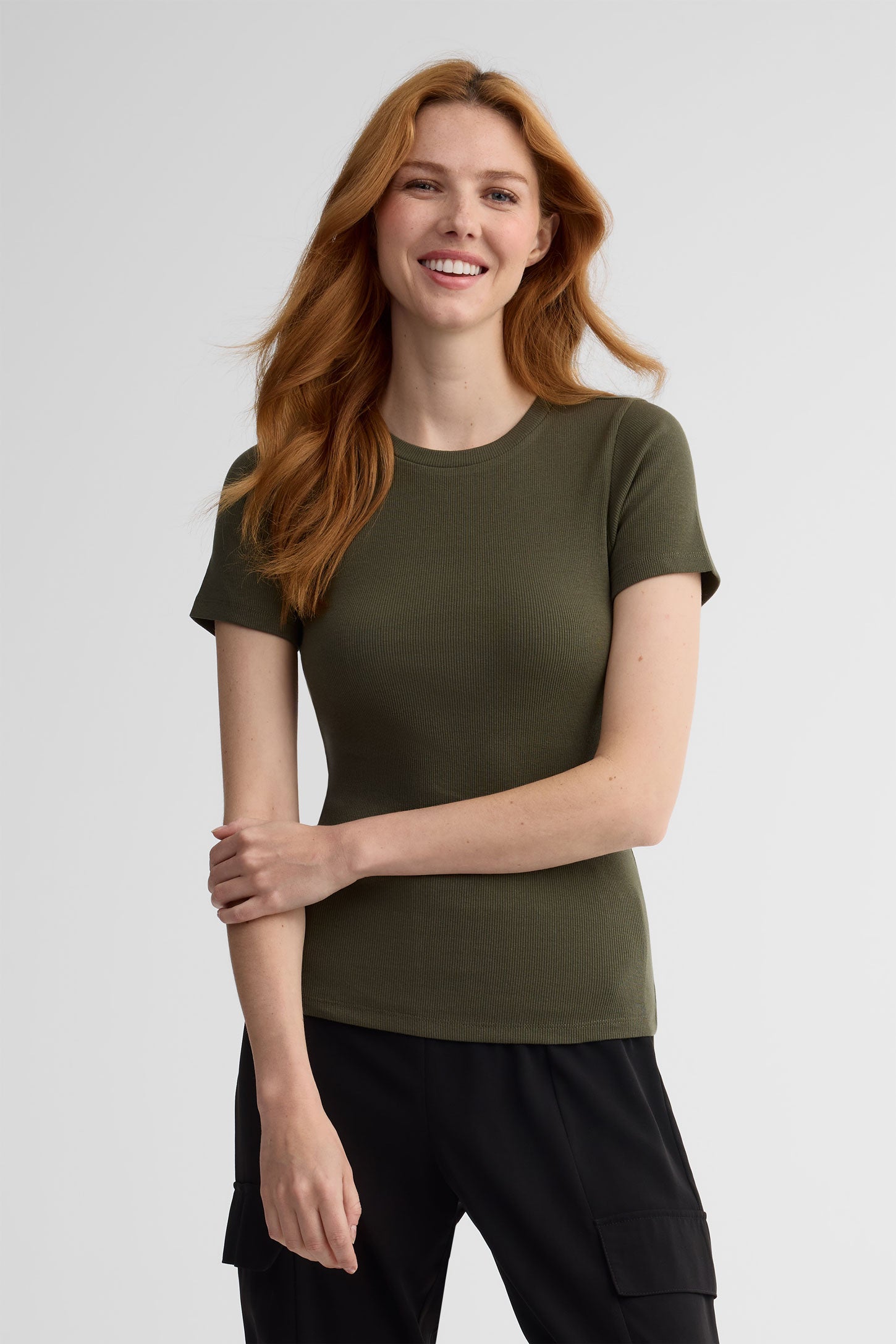 T-shirt col rond côtelé - Femme && KAKI