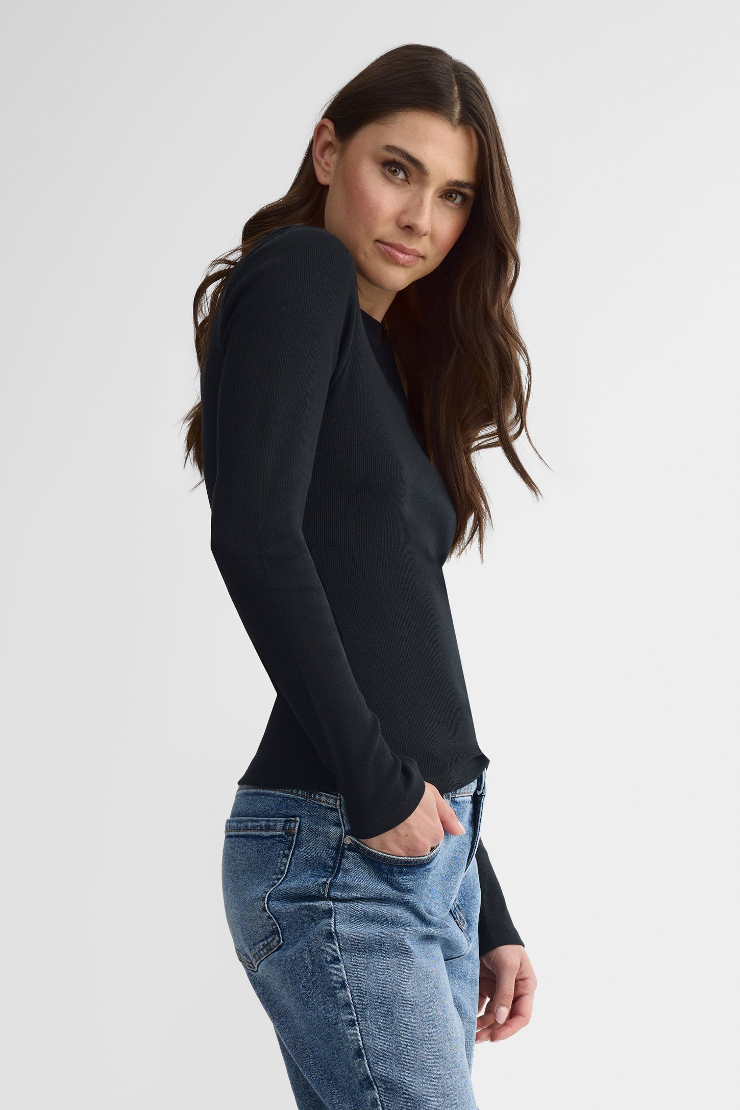 T-shirt côtelé col rond coton - Femme && NOIR