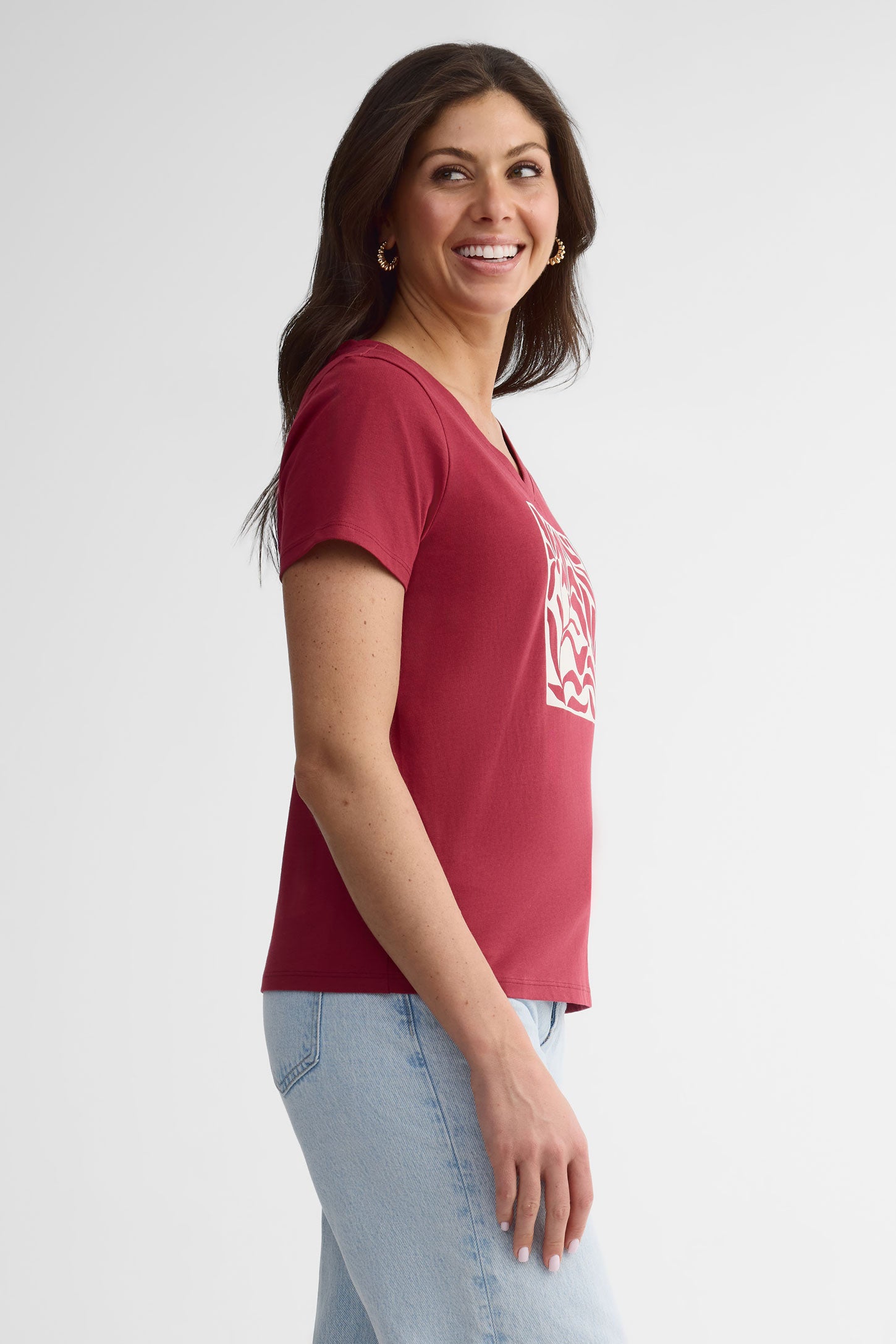 T-shirt col V en coton, 2/30$ - Femme && ROUGE
