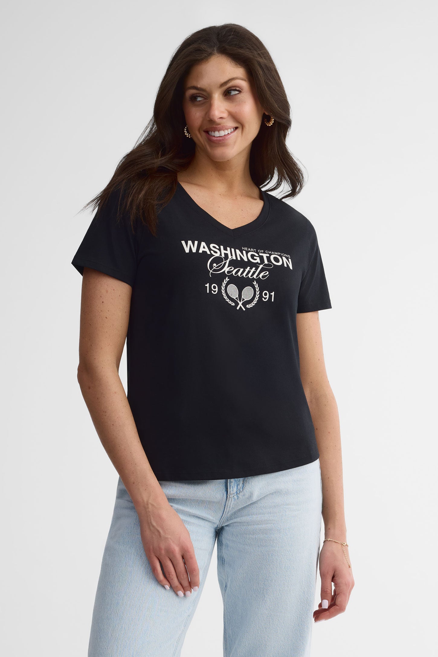 T-shirt col V en coton, 2/30$ - Femme && NOIR