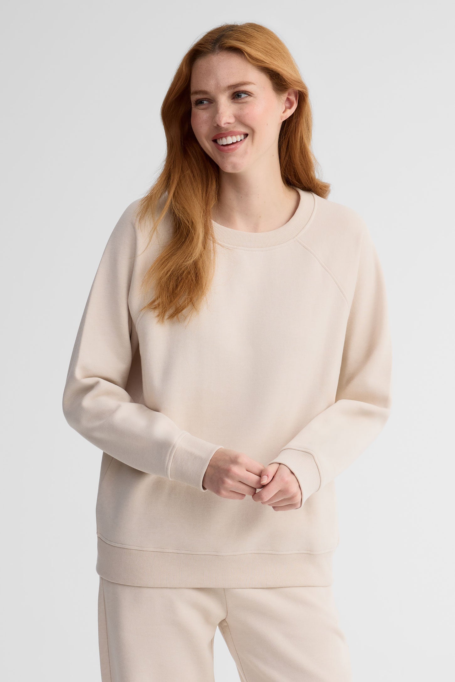 Chandail col rond coton ouaté coupe ample - Femme && BEIGE