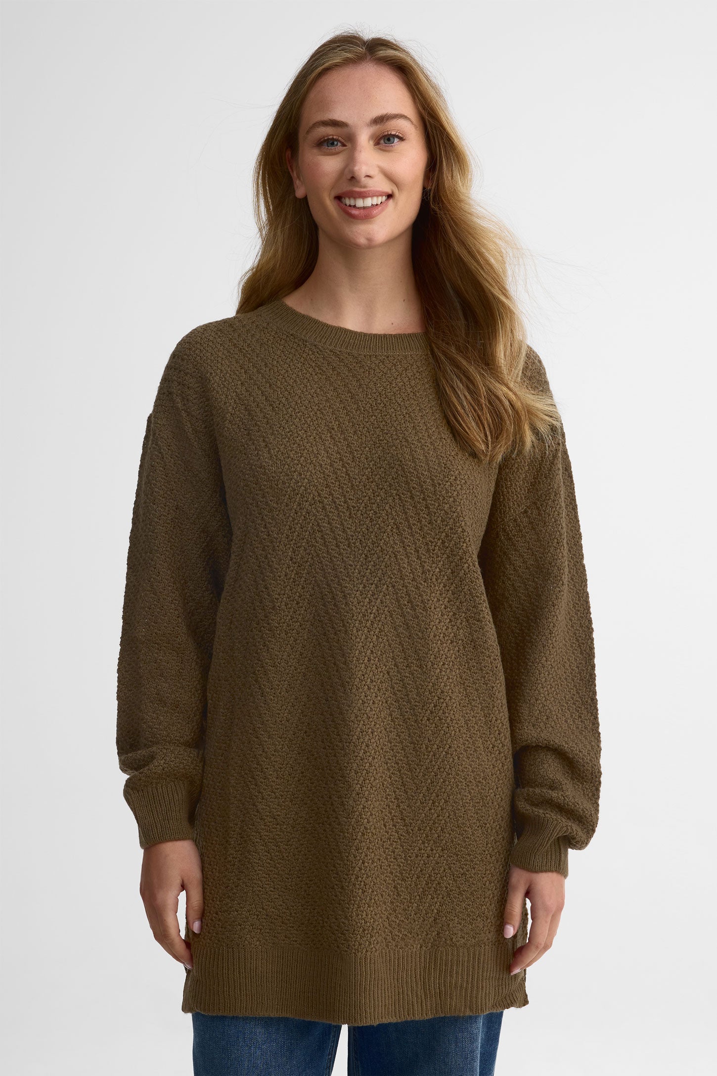 Chandail tunique col rond tricot - Femme && KAKI