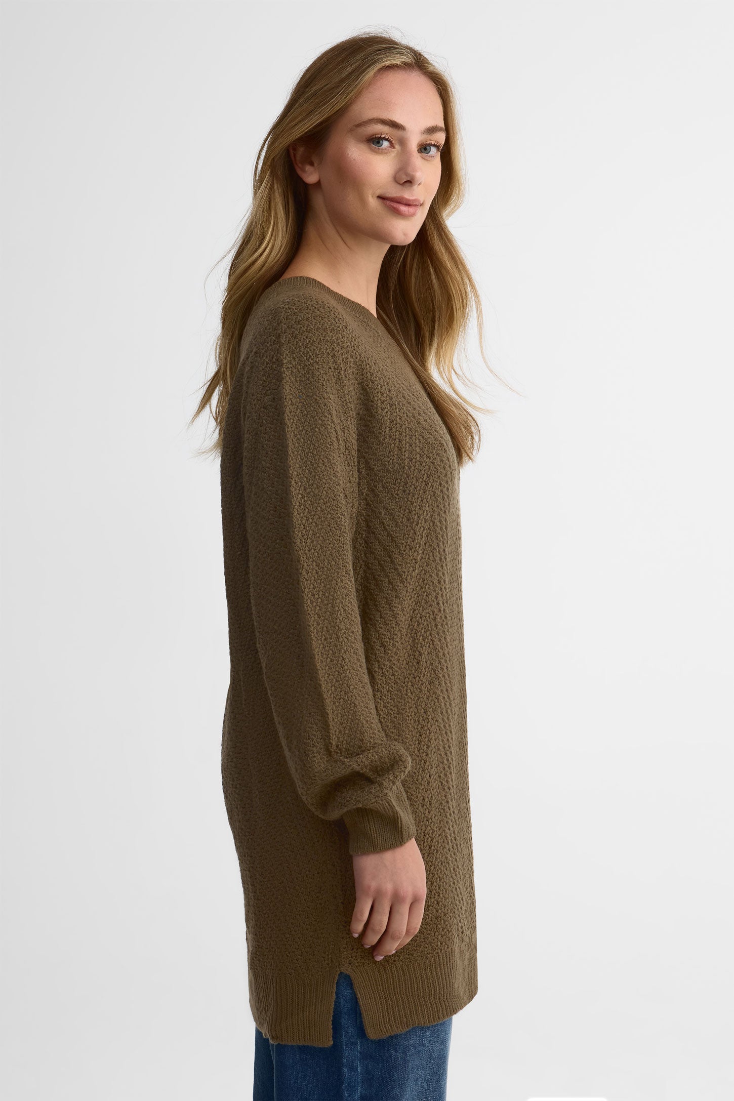 Chandail tunique col rond tricot - Femme && KAKI