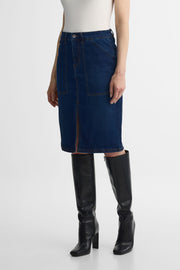 Jupe mi-longue taille haute en denim extensible - Femme && DENIM FONCE