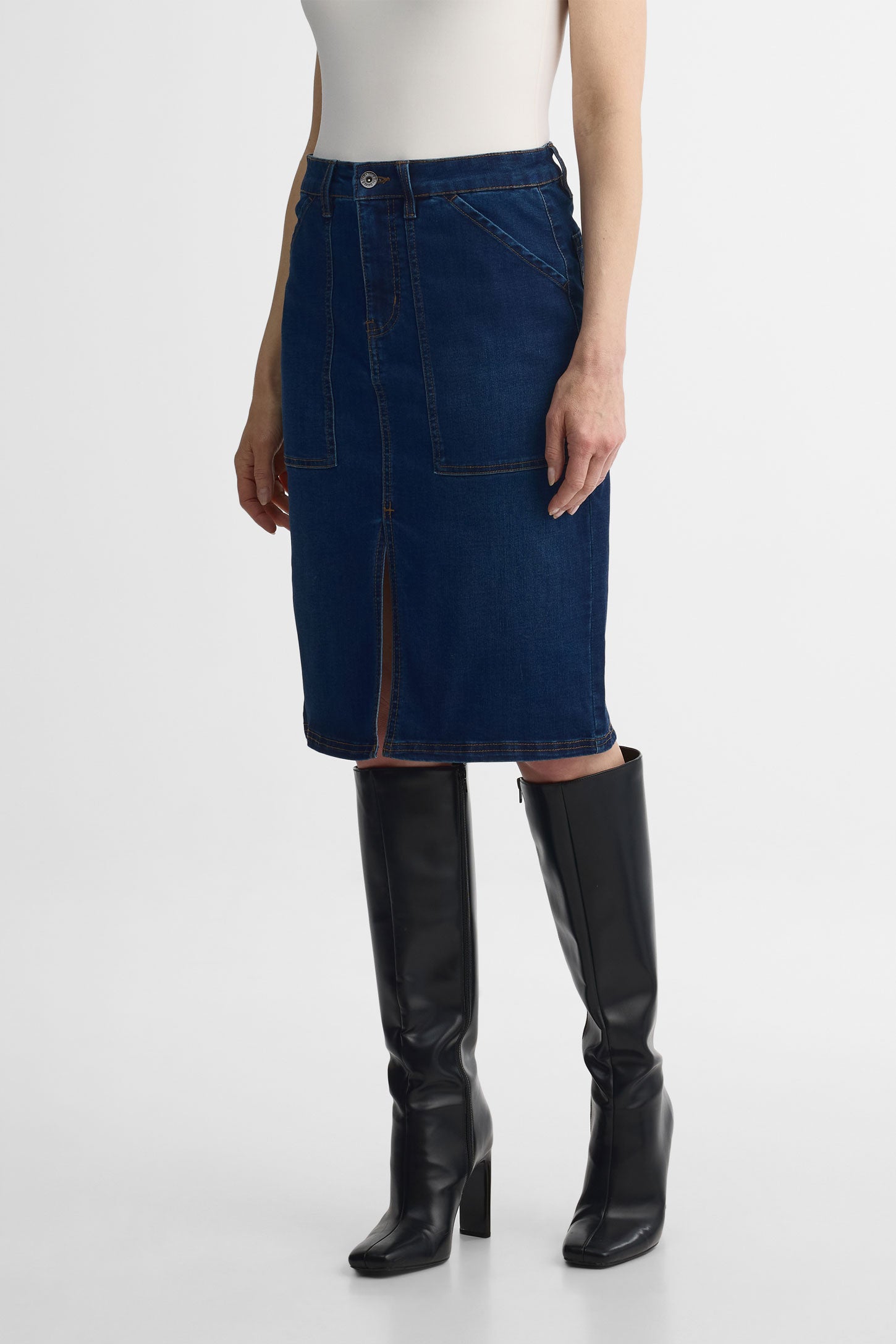 Jupe mi-longue taille haute en denim extensible - Femme && DENIM FONCE