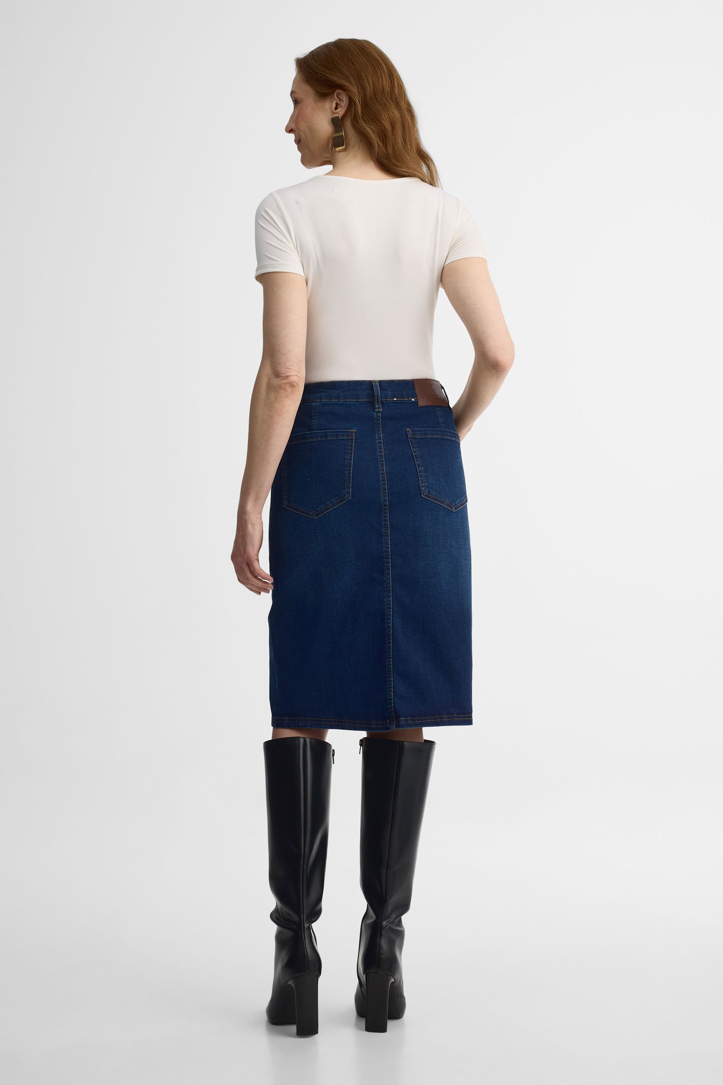 Jupe mi-longue taille haute en denim extensible - Femme && DENIM FONCE