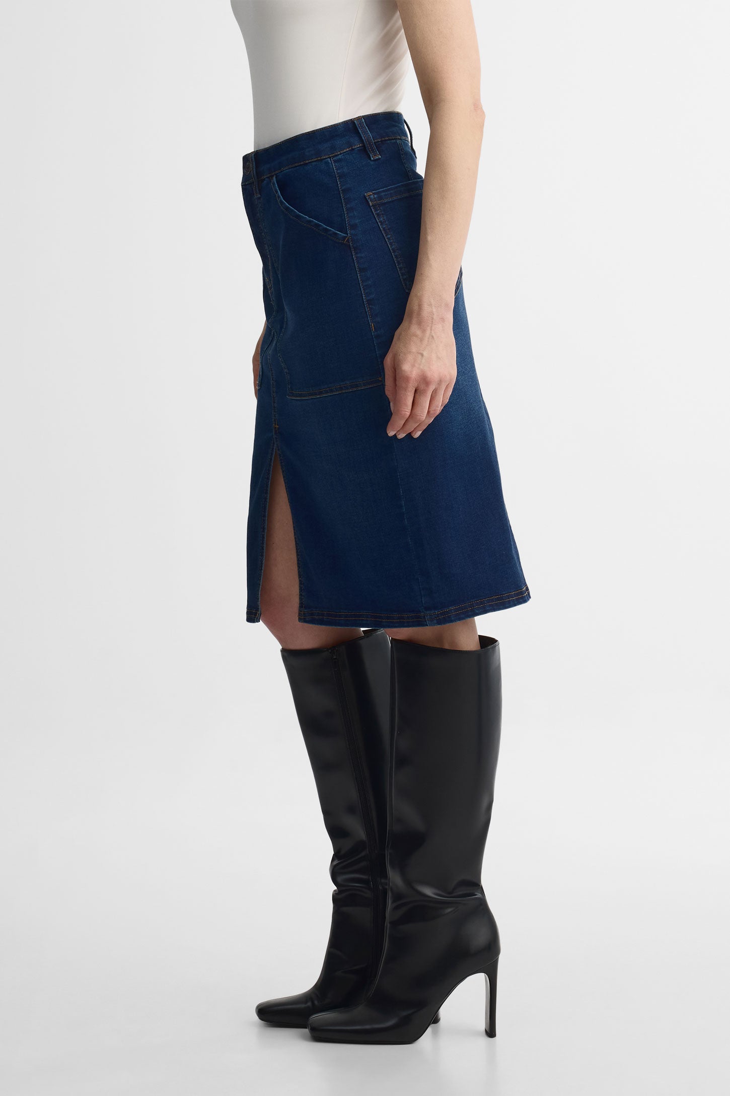 Jupe mi-longue taille haute en denim extensible - Femme && DENIM FONCE