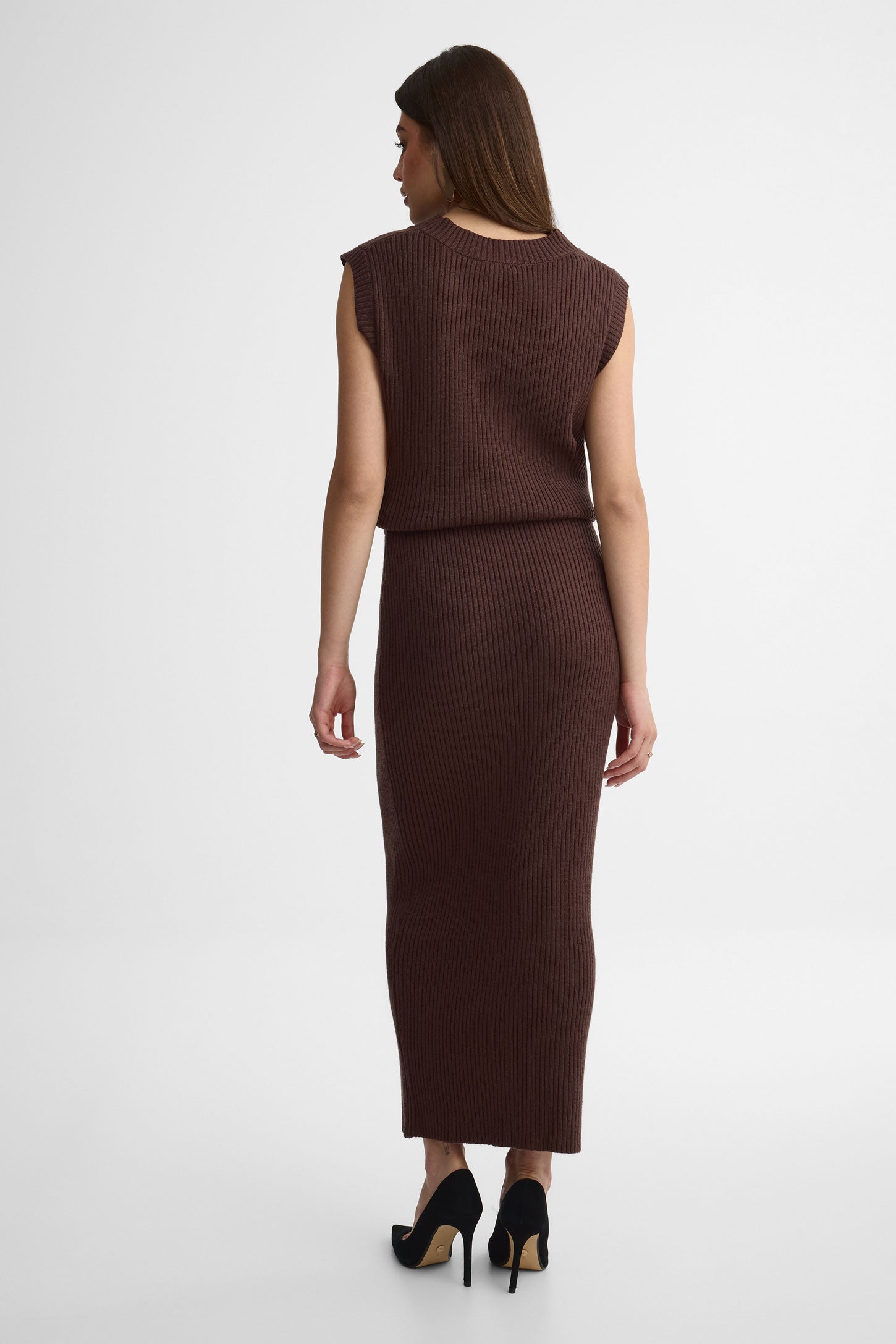 Jupe midi ajustée en tricot – Femme && BRUN FONCE