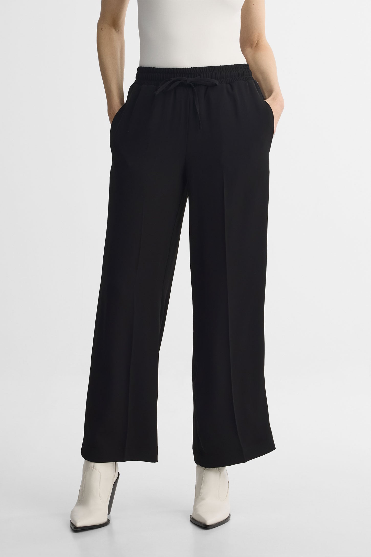 Pantalon large taille haute avec cordon – Femme && NOIR