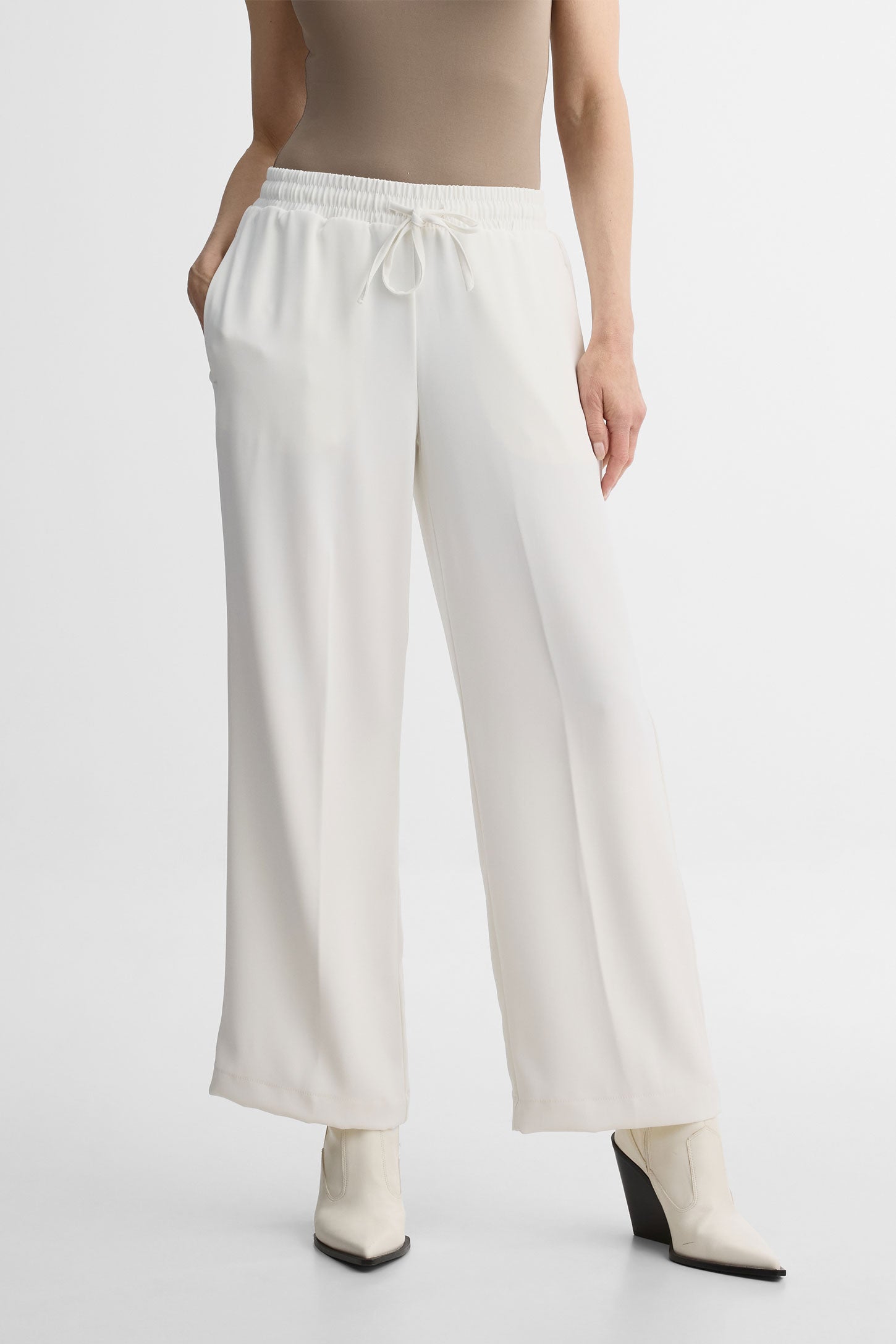Pantalon large taille haute avec cordon – Femme && BLANC