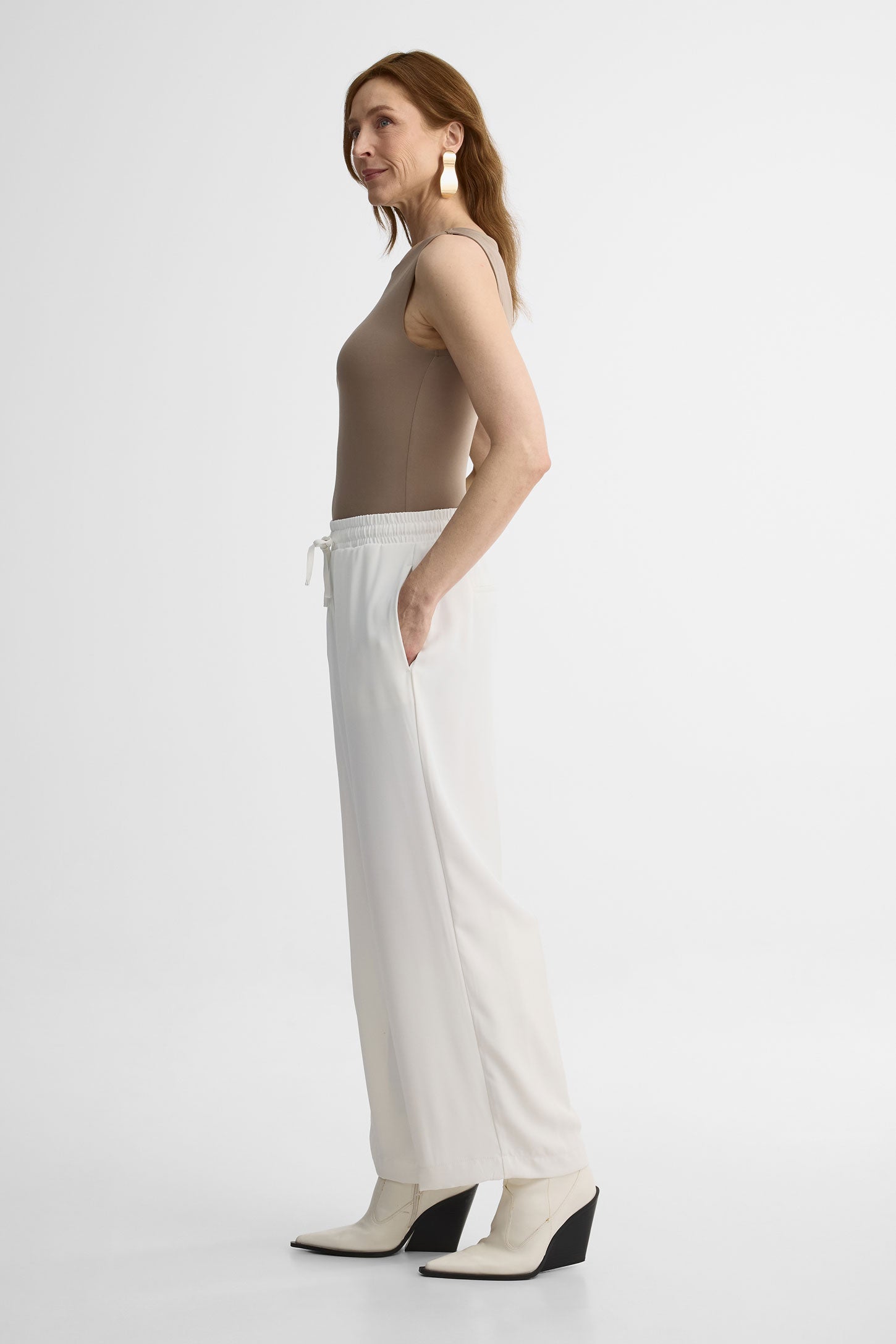Pantalon large taille haute avec cordon – Femme && BLANC