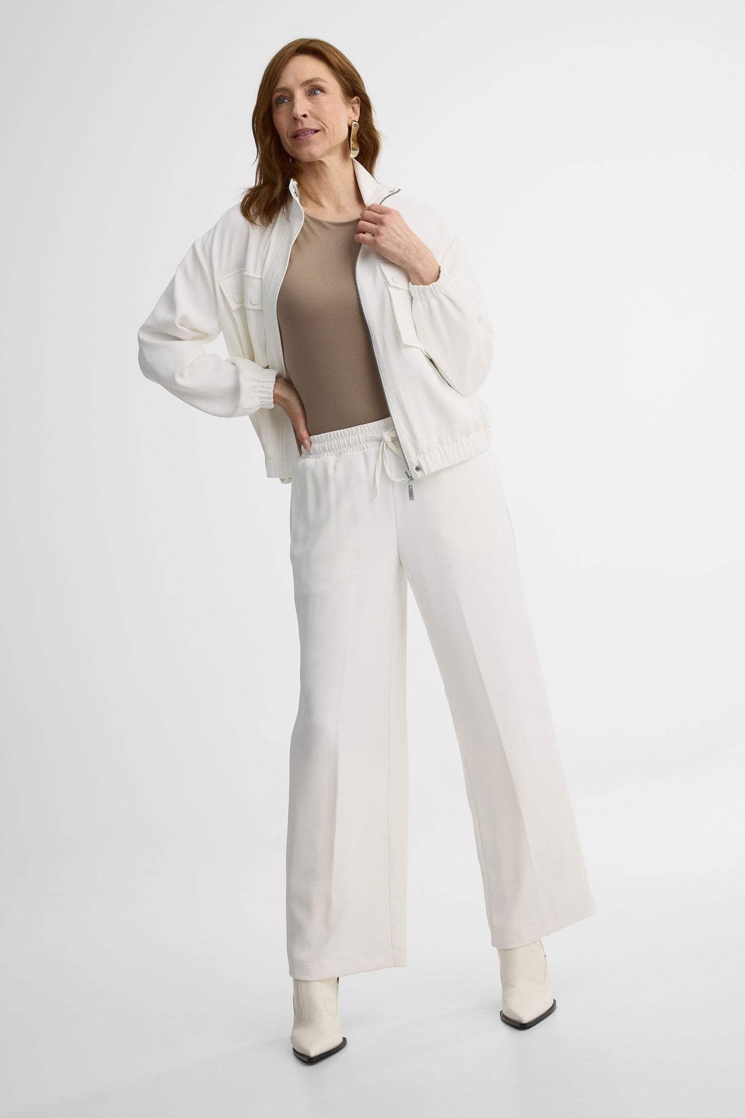 Pantalon large taille haute avec cordon – Femme && BLANC