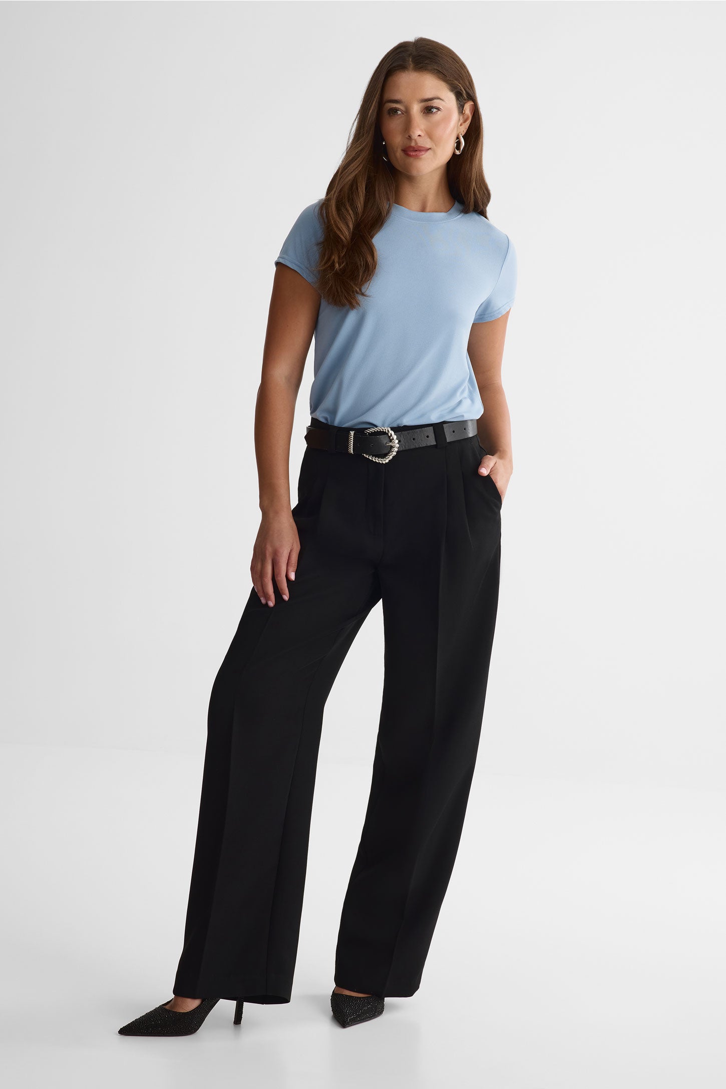 Pantalon taille haute à jambes larges - Femme && NOIR