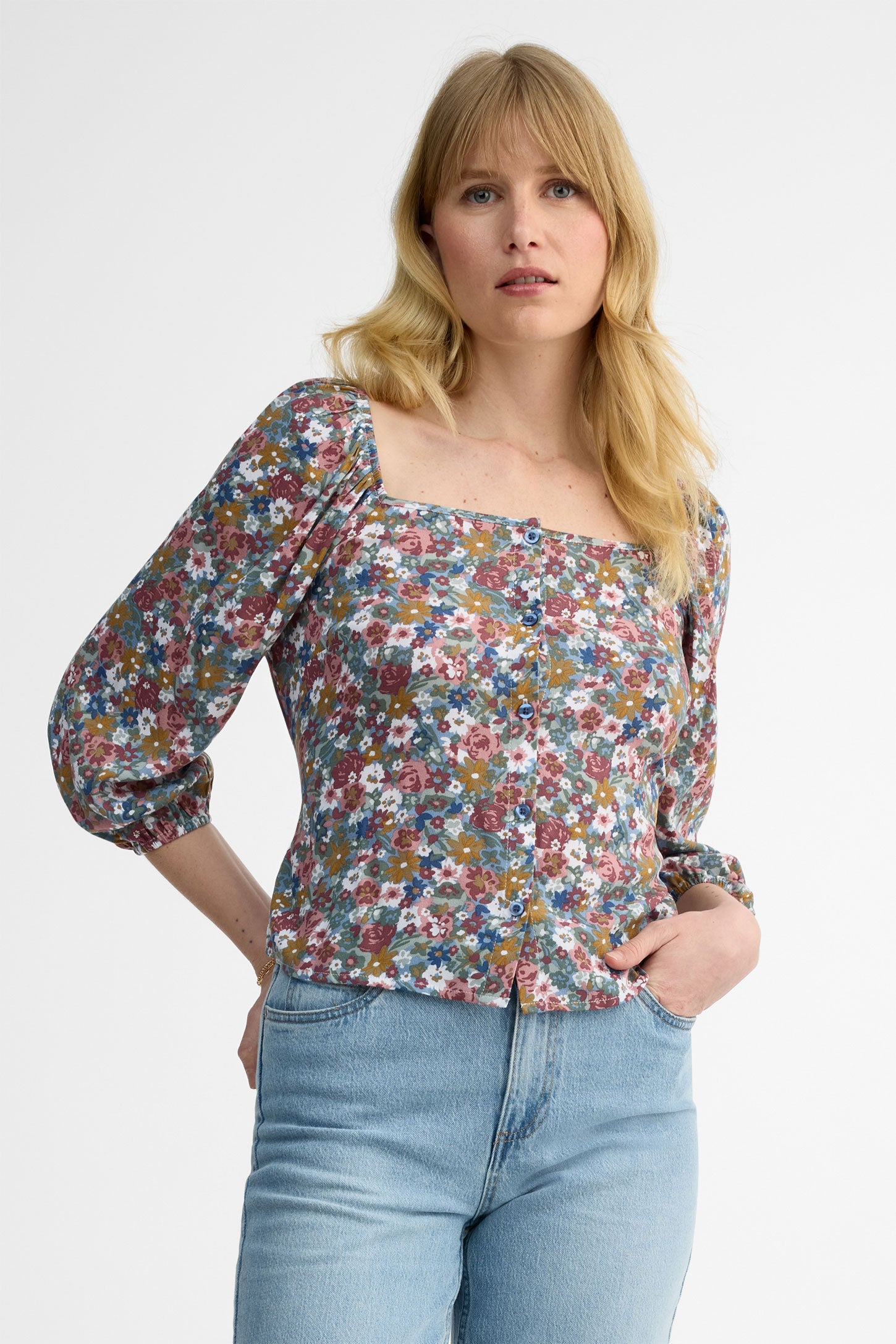 Chemisier ample manches 3/4 en crêpe - Femme && BLEU MULTI