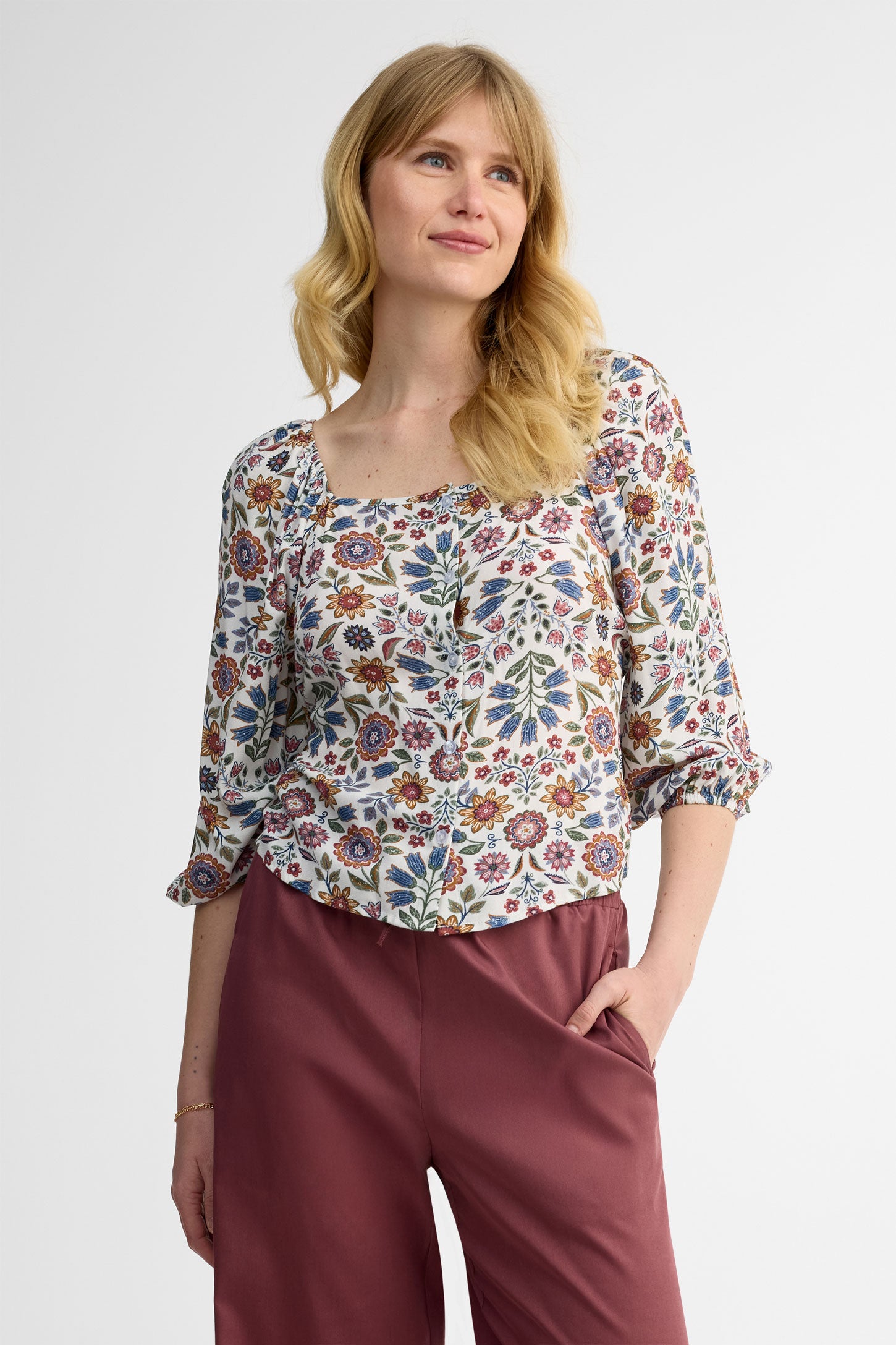 Chemisier ample manches 3/4 en crêpe - Femme && BLANC CASSÉ/MULTI
