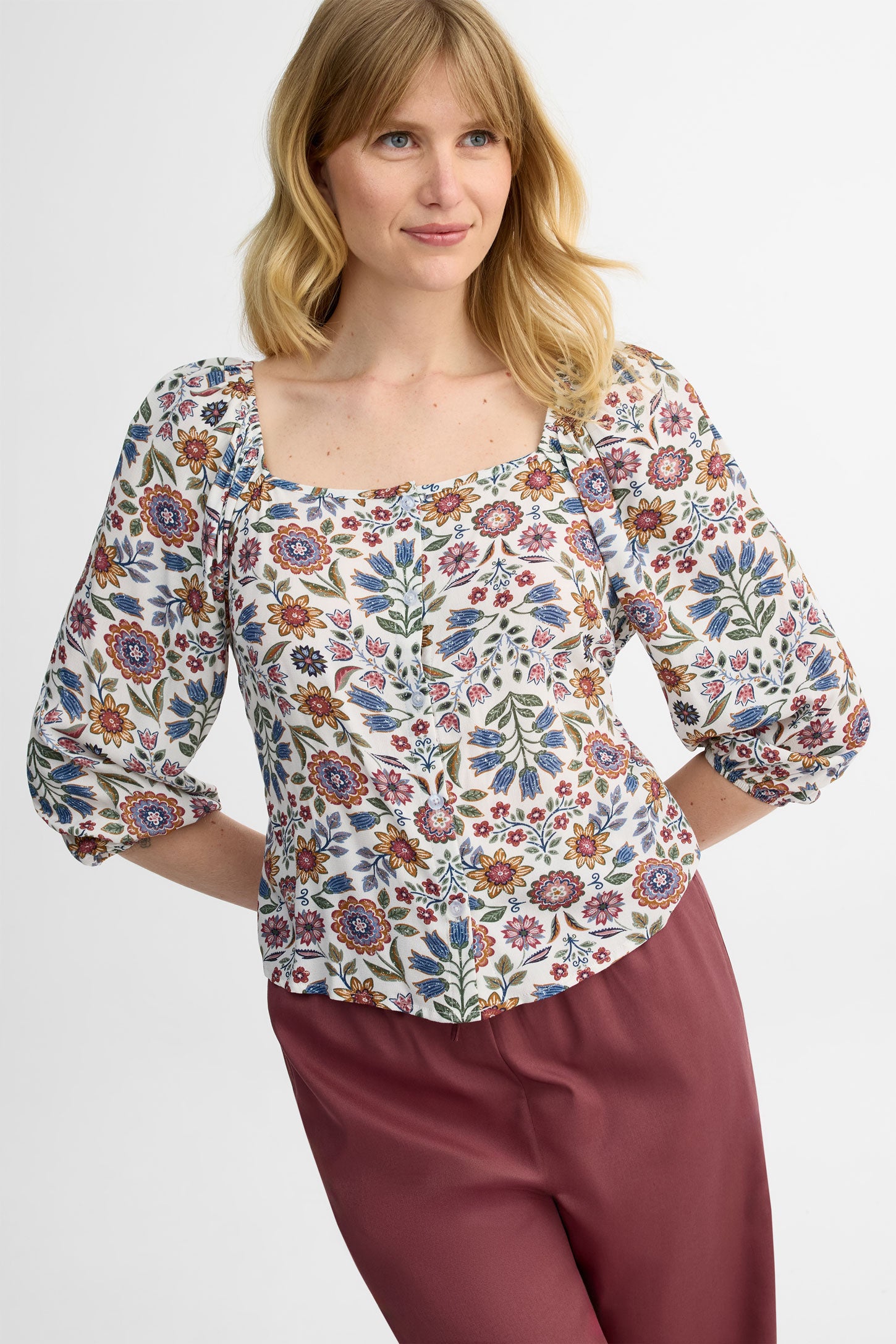 Chemisier ample manches 3/4 en crêpe - Femme && BLANC CASSÉ/MULTI