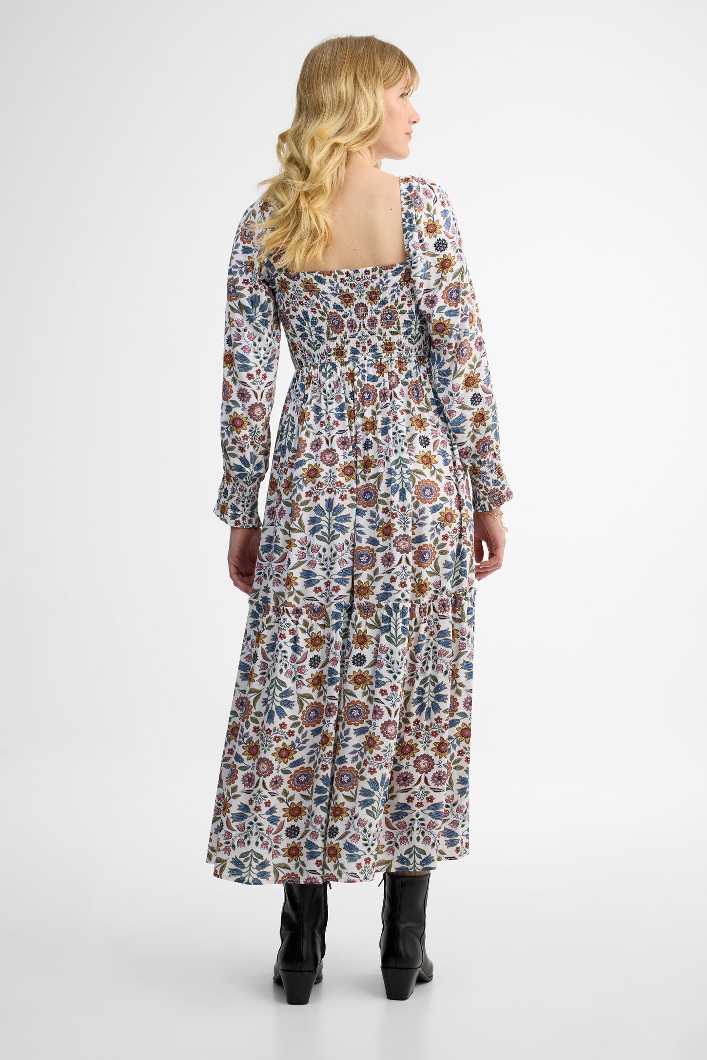 Robe paysanne maxi plissée - Femme && BLANC CASSÉ/MULTI