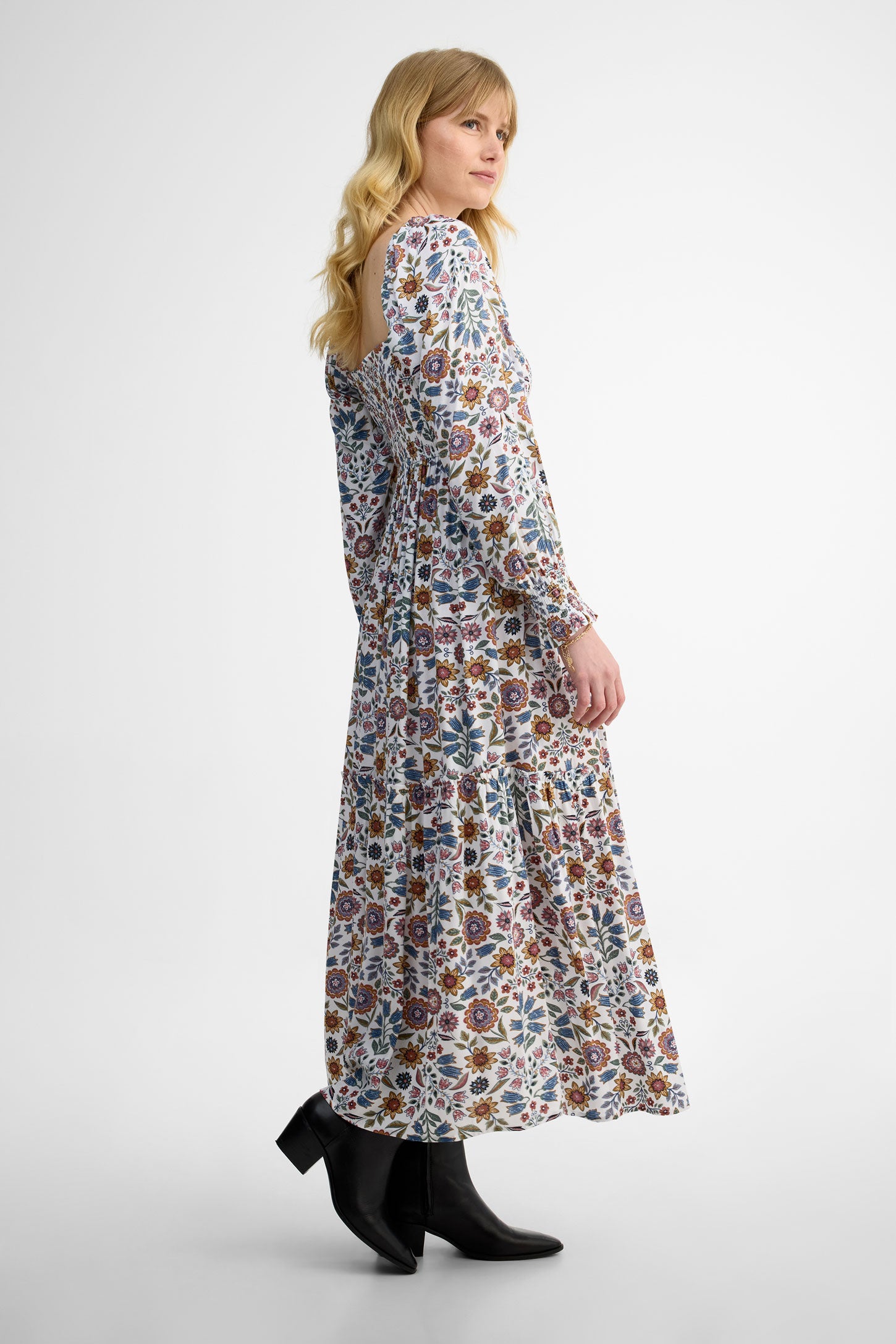 Robe paysanne maxi plissée - Femme && BLANC CASSÉ/MULTI