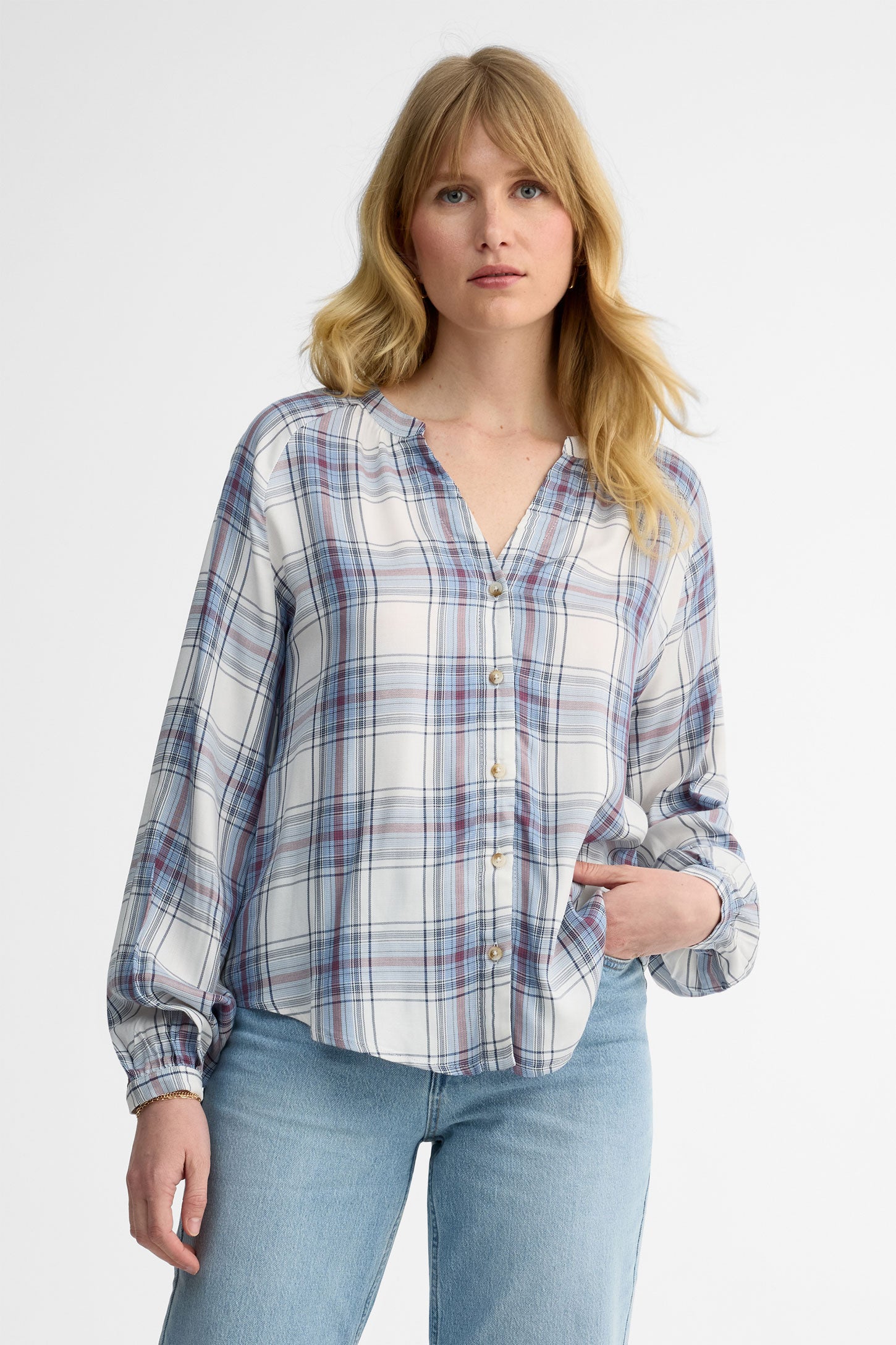 Chemise à carreaux manches longues - Femme && BLEU MULTI